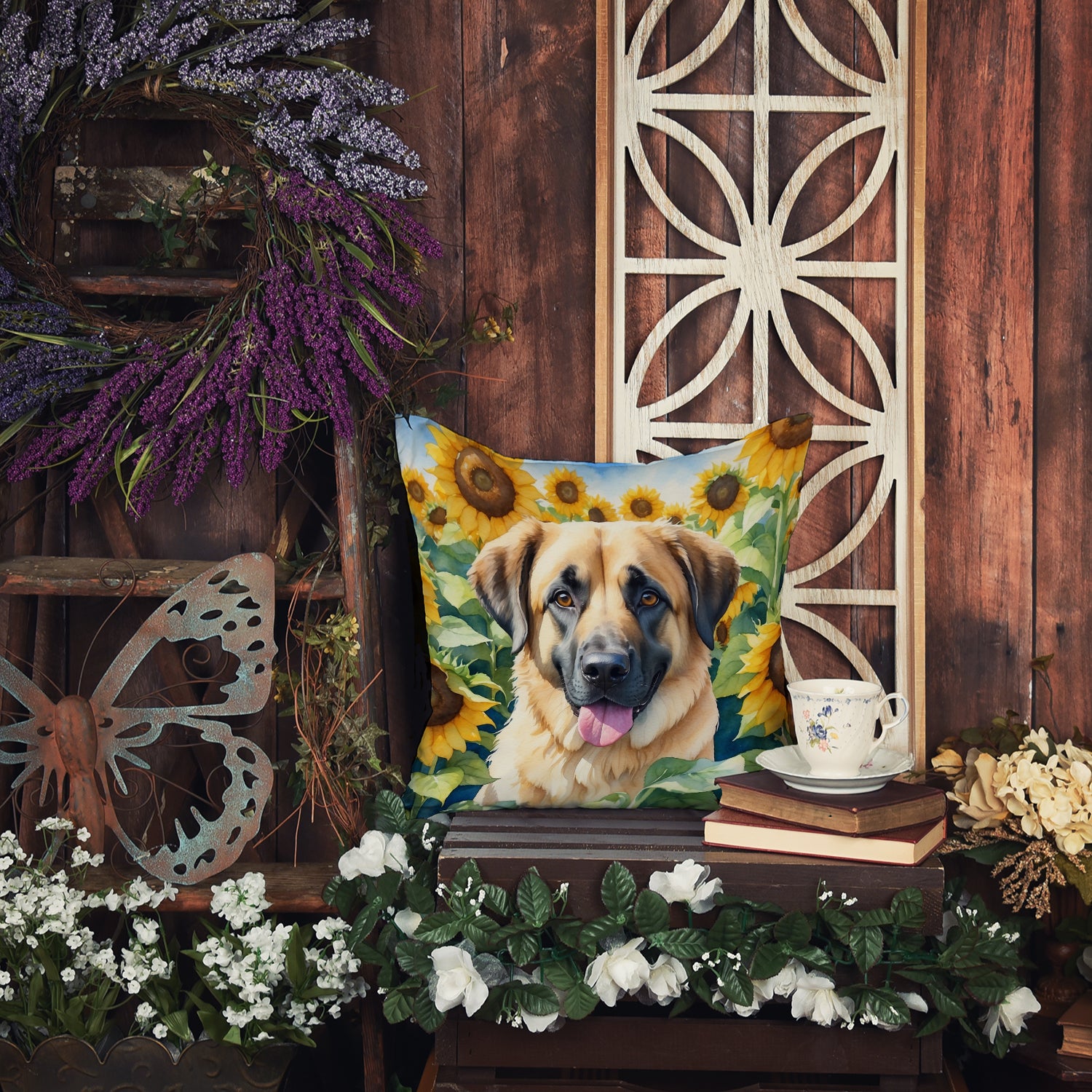 Anatolian Shepherd in Sunflowers Throw Pillow