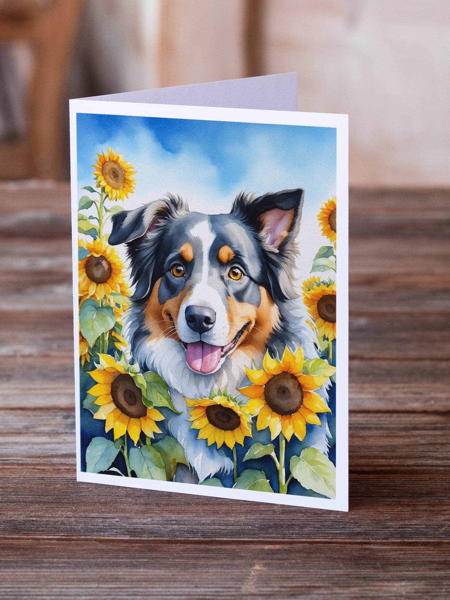 Australian Shepherd in Sunflowers Greeting Cards Pack of 8