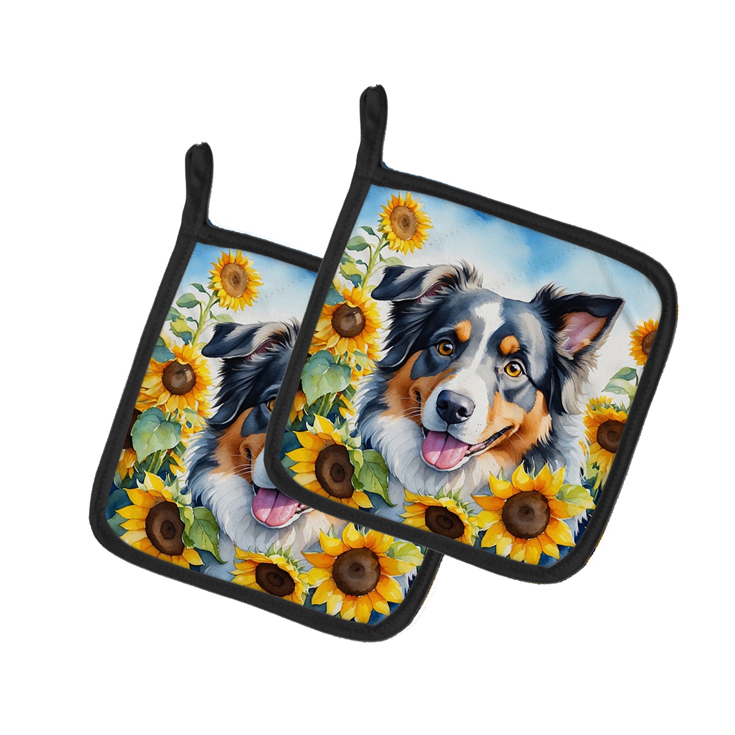 Buy this Australian Shepherd in Sunflowers Pair of Pot Holders