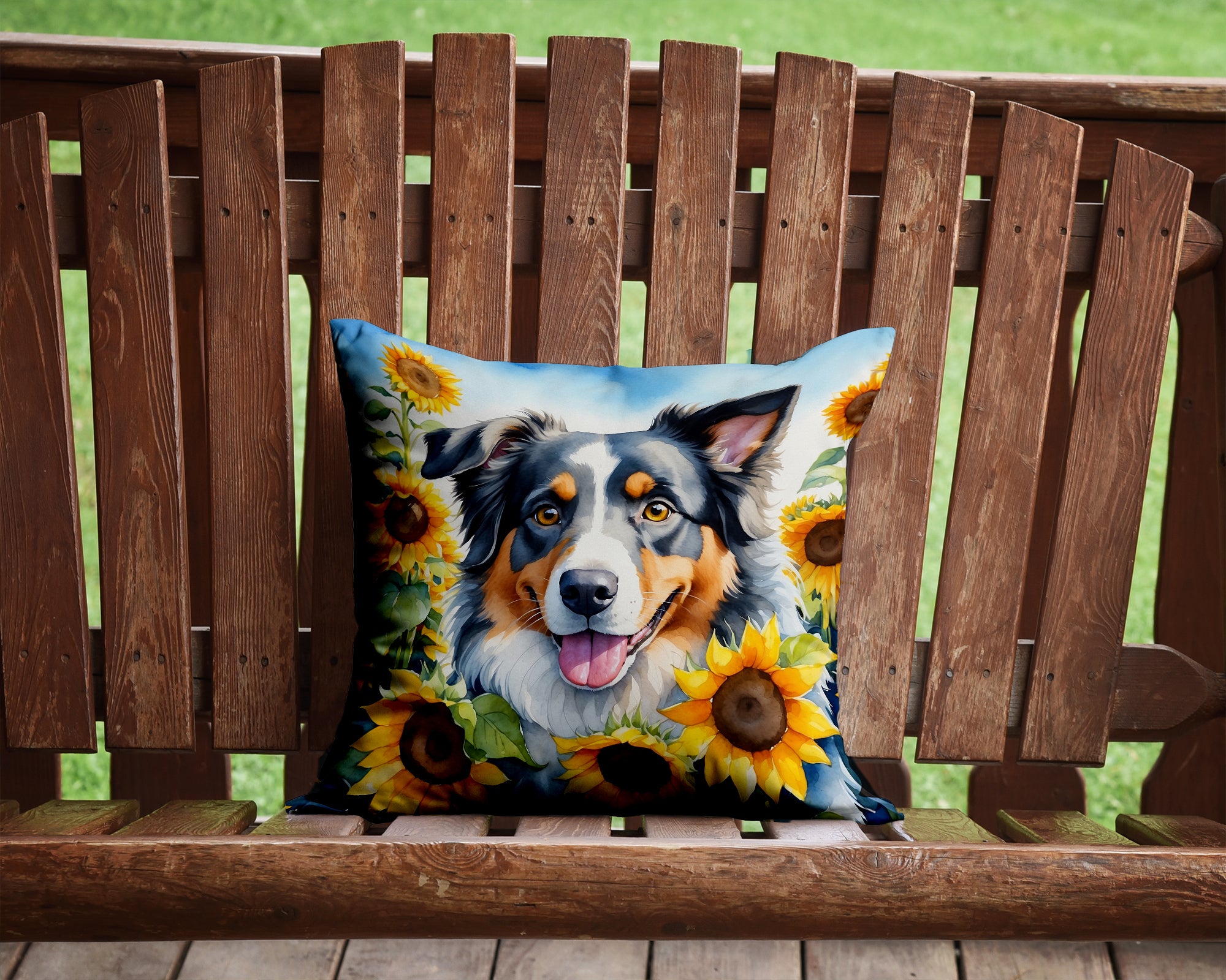 Buy this Australian Shepherd in Sunflowers Throw Pillow