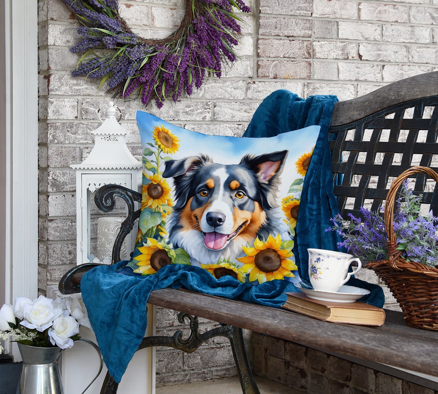 Australian Shepherd in Sunflowers Throw Pillow