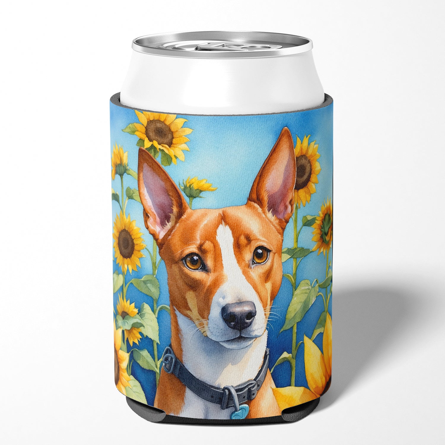 Buy this Basenji in Sunflowers Can or Bottle Hugger