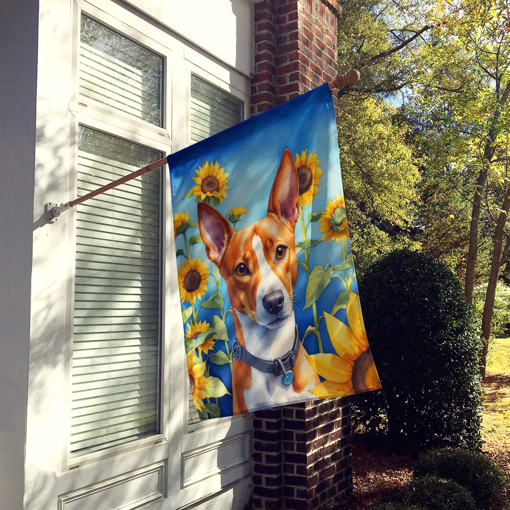 Basenji in Sunflowers House Flag