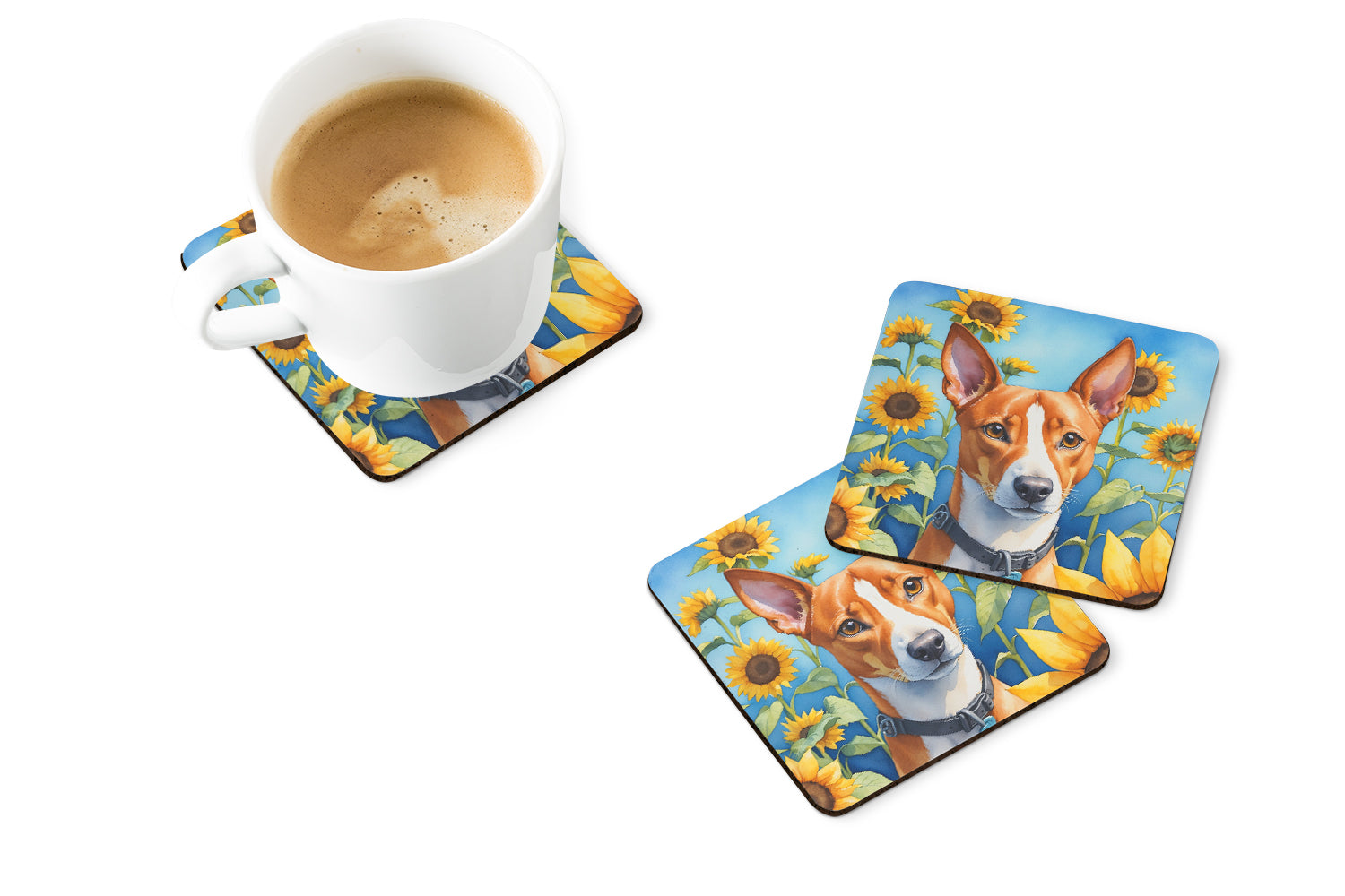 Buy this Basenji in Sunflowers Foam Coasters