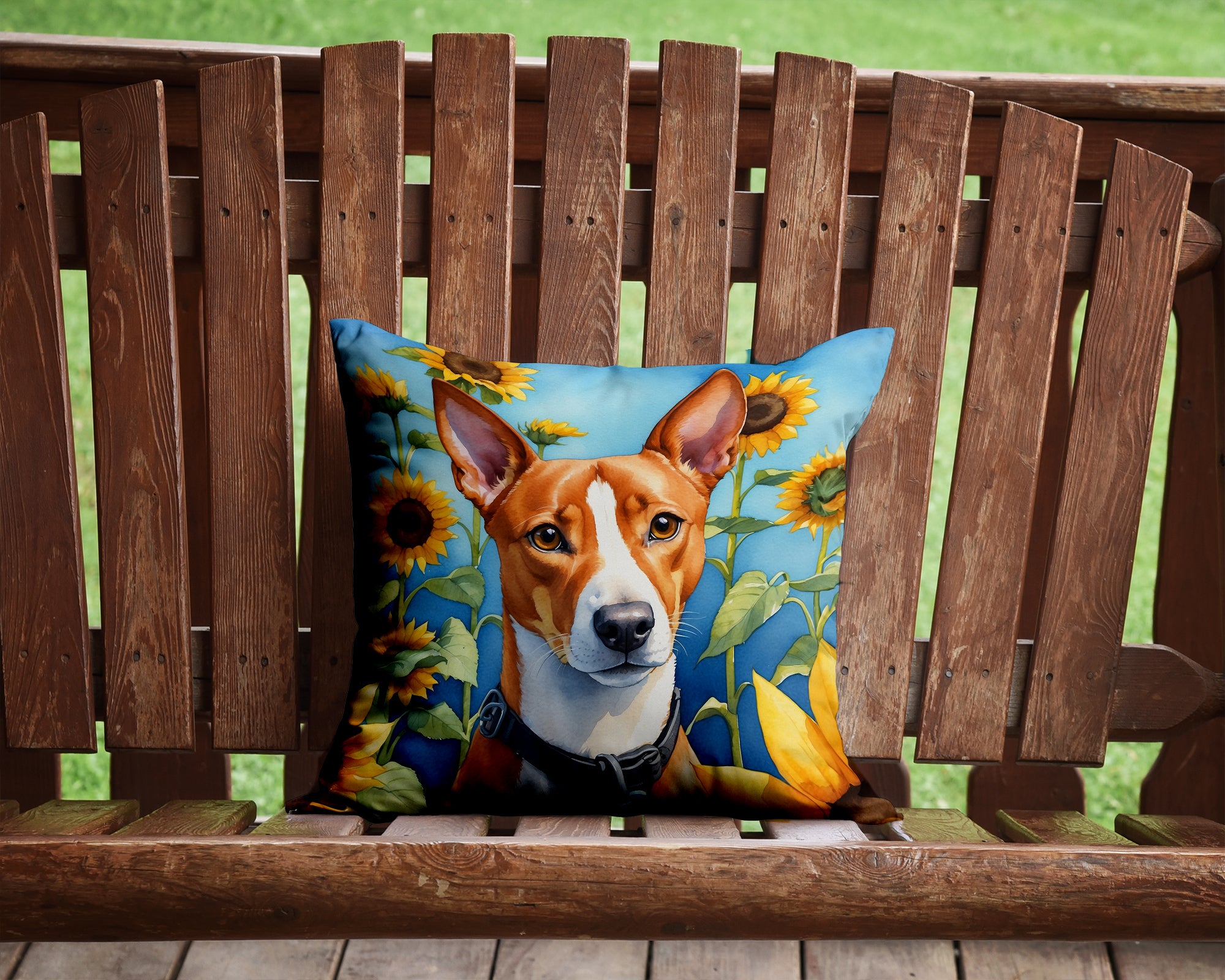 Buy this Basenji in Sunflowers Throw Pillow