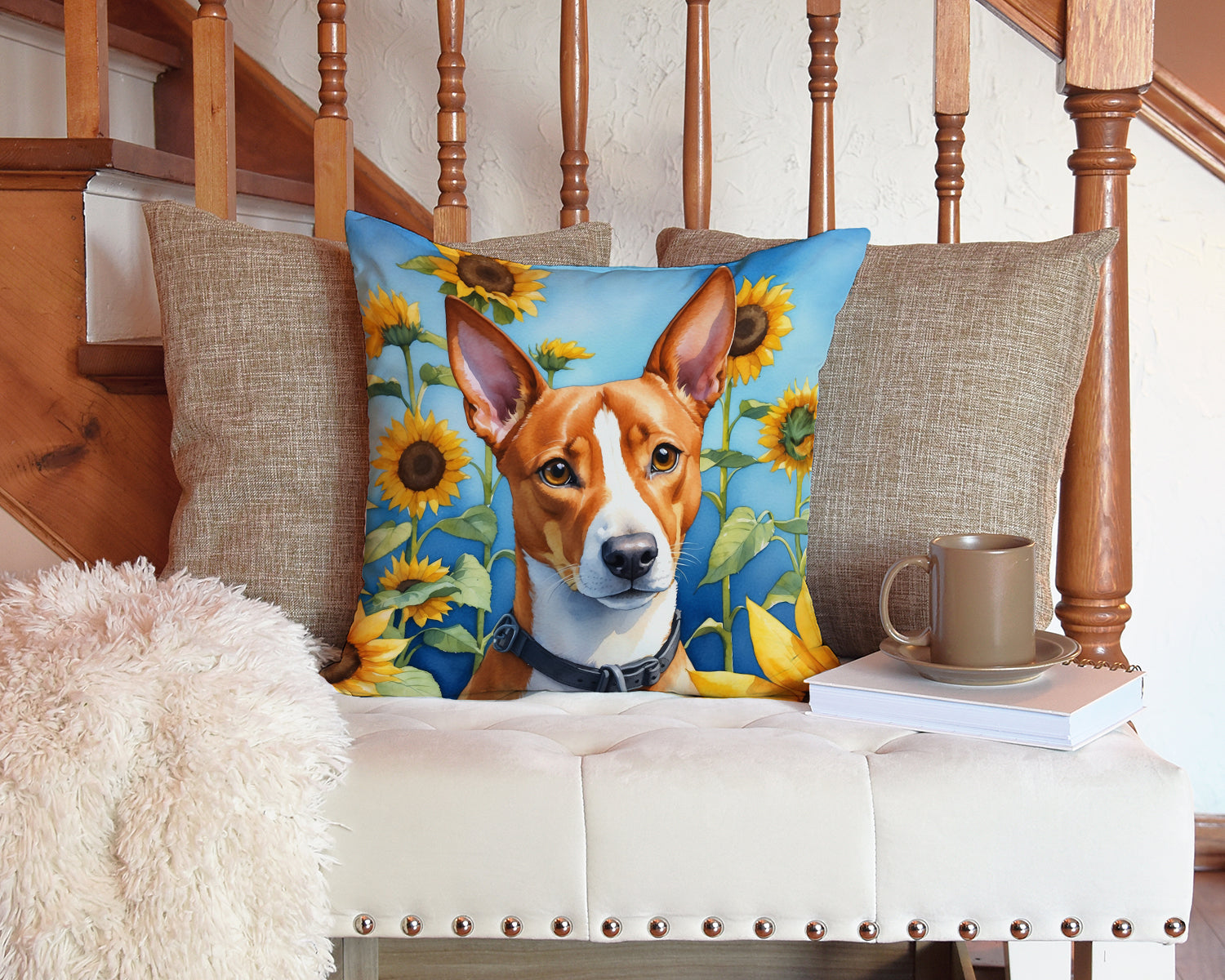 Basenji in Sunflowers Throw Pillow