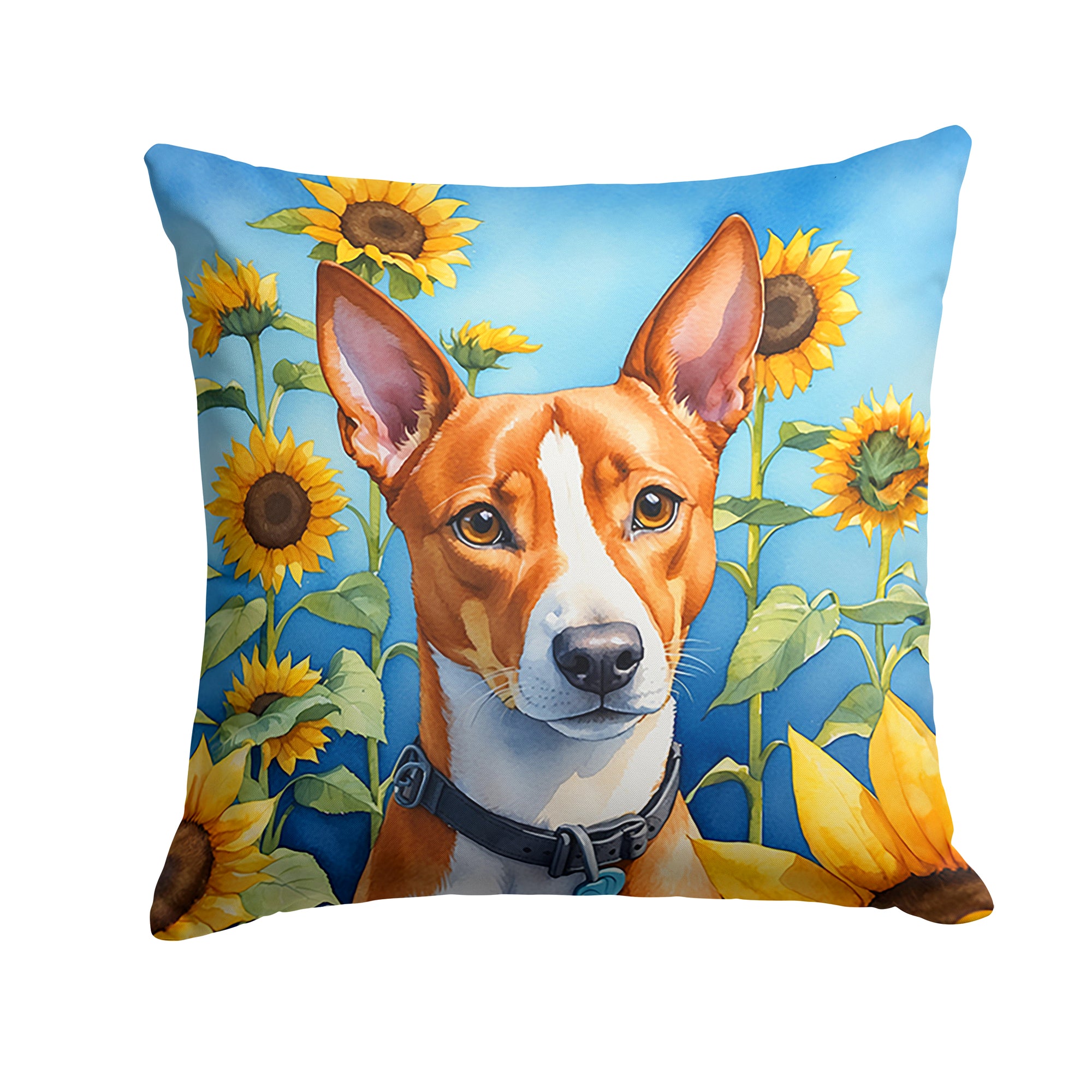 Buy this Basenji in Sunflowers Throw Pillow