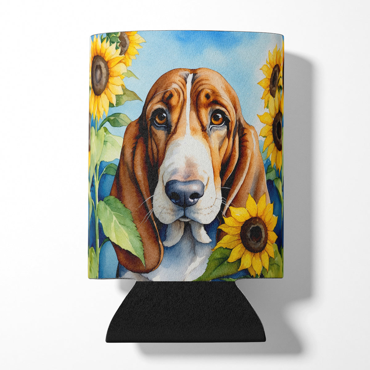 Buy this Basset Hound in Sunflowers Can or Bottle Hugger