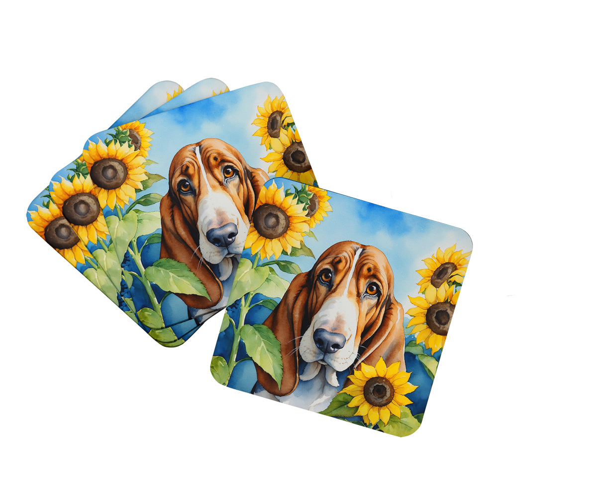 Buy this Basset Hound in Sunflowers Foam Coasters