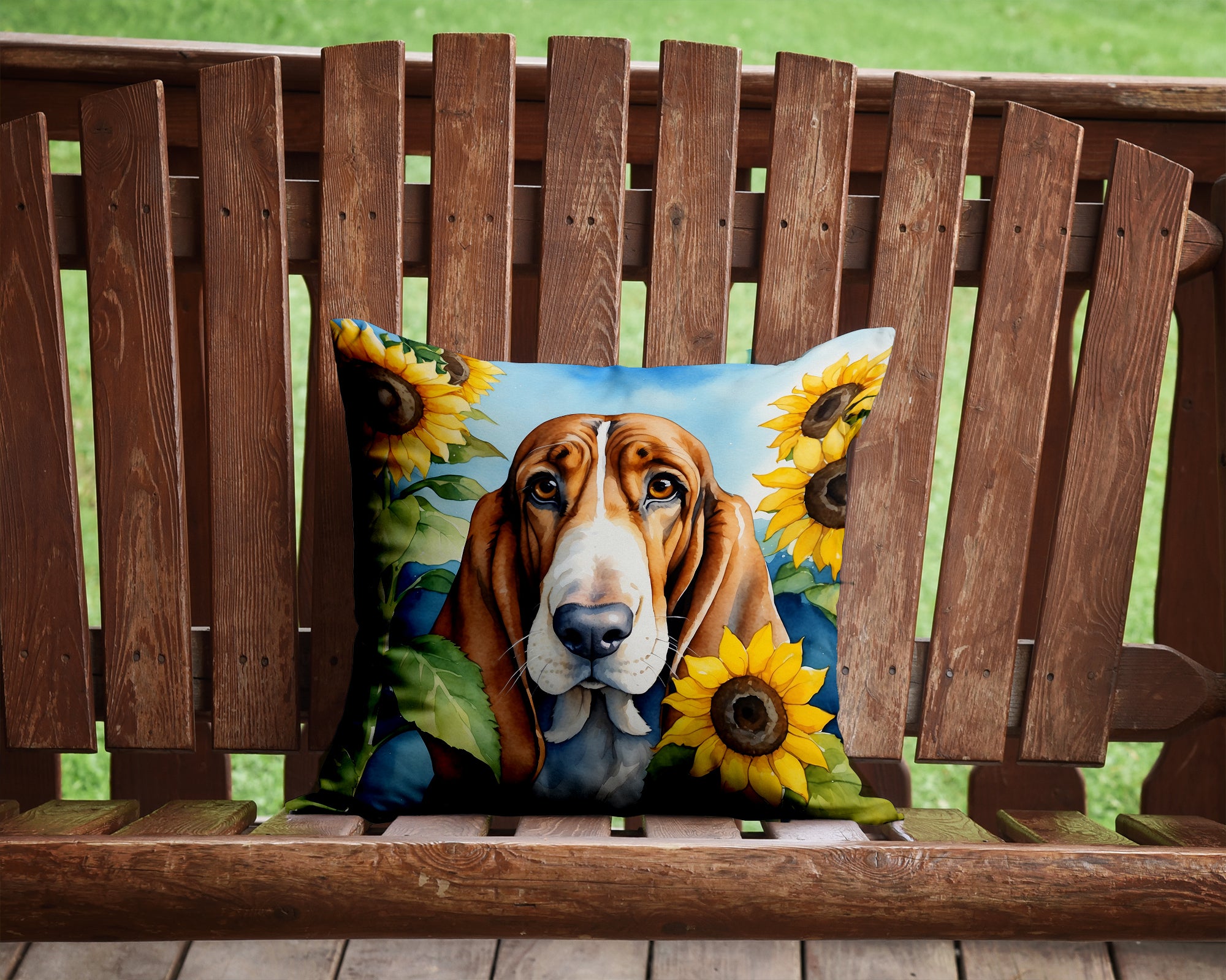 Buy this Basset Hound in Sunflowers Throw Pillow