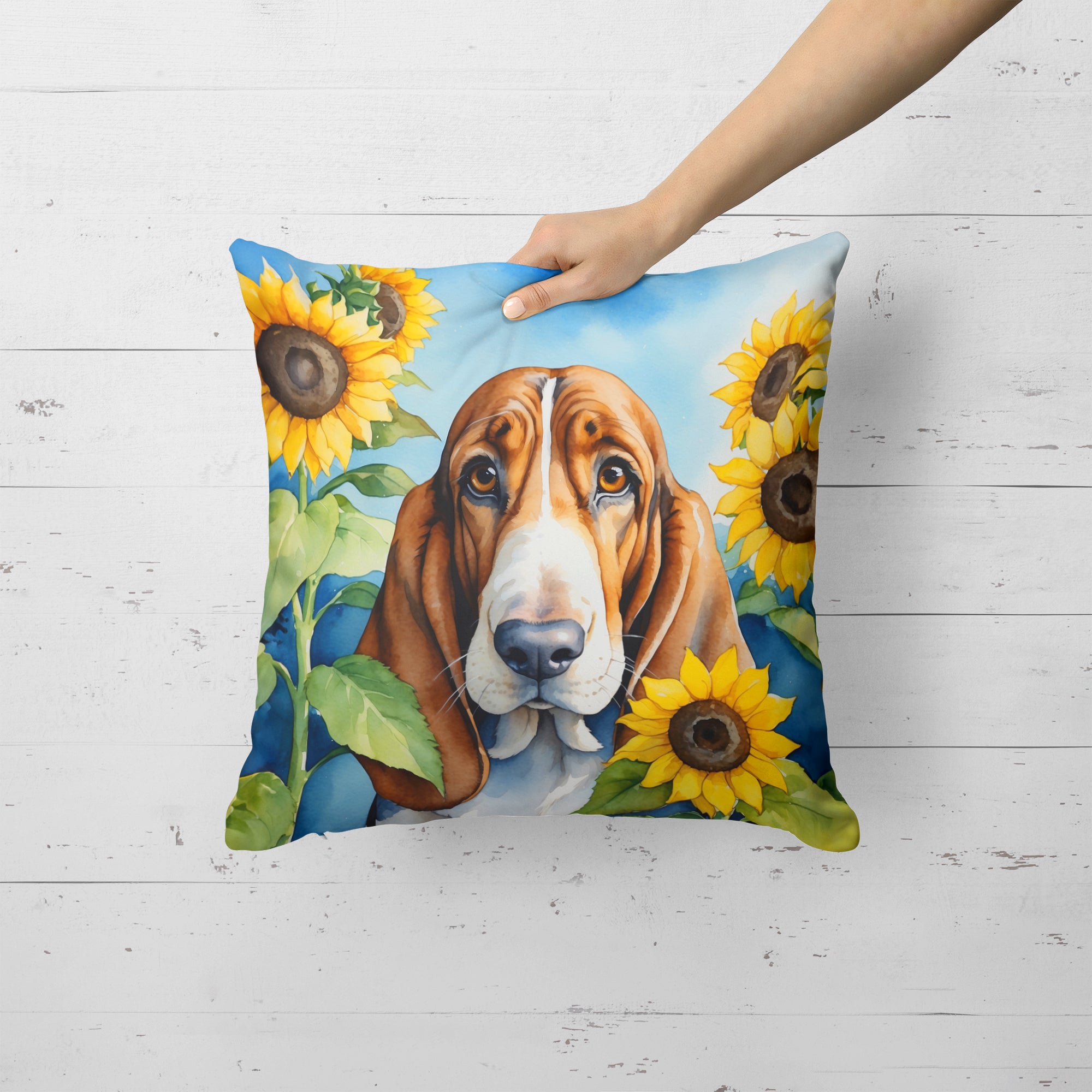 Buy this Basset Hound in Sunflowers Throw Pillow