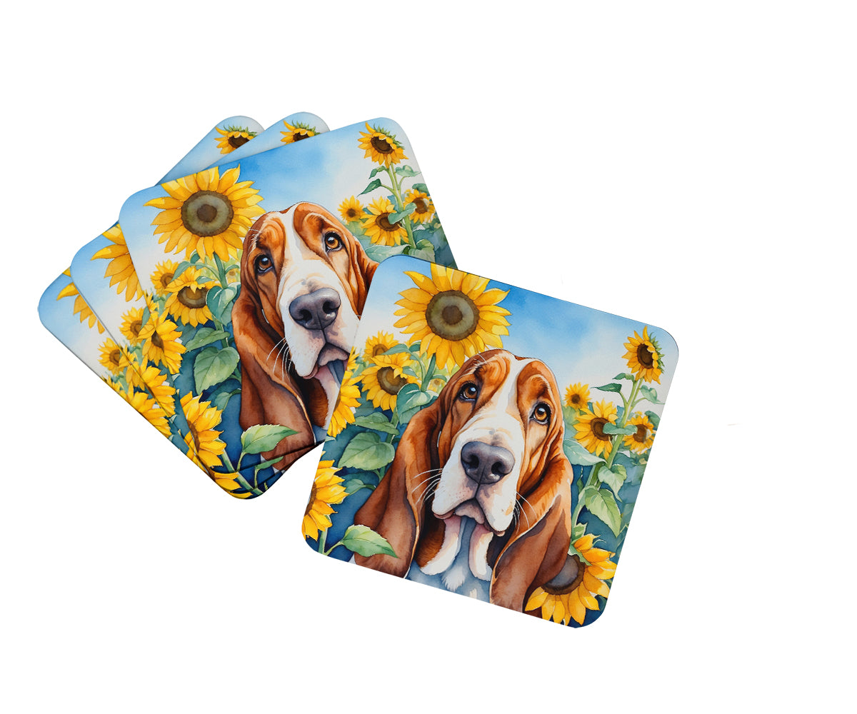 Buy this Basset Hound in Sunflowers Foam Coasters