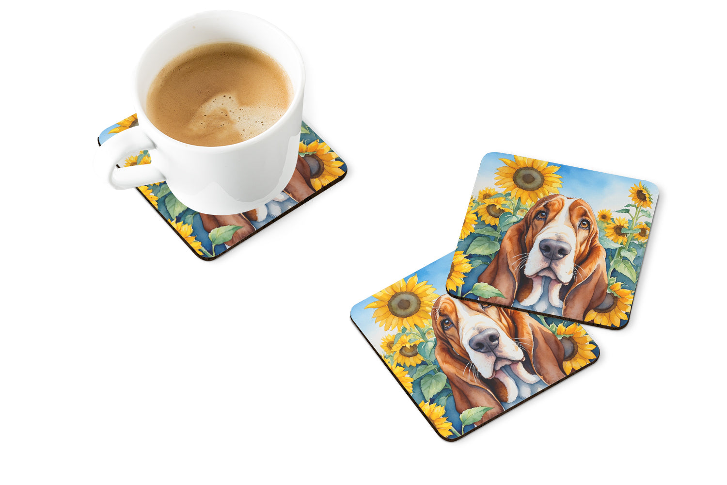 Basset Hound in Sunflowers Foam Coasters