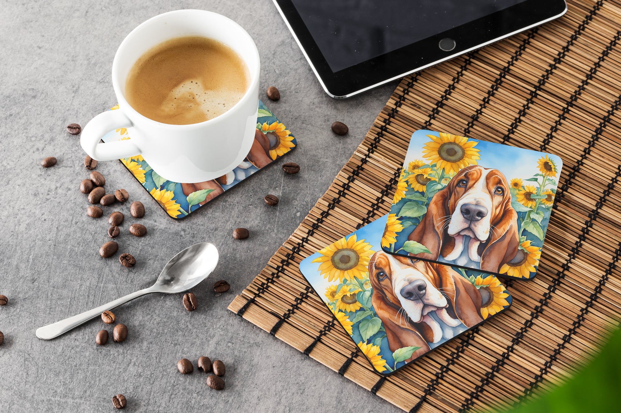 Basset Hound in Sunflowers Foam Coasters