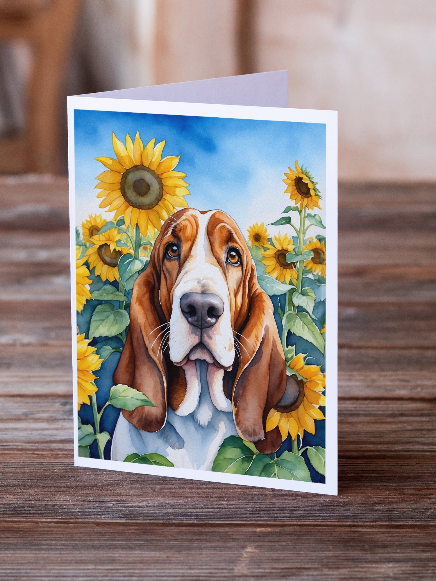 Buy this Basset Hound in Sunflowers Greeting Cards Pack of 8