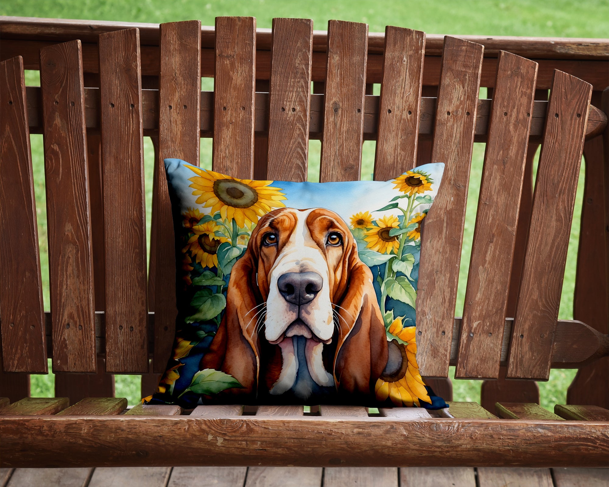 Buy this Basset Hound in Sunflowers Throw Pillow