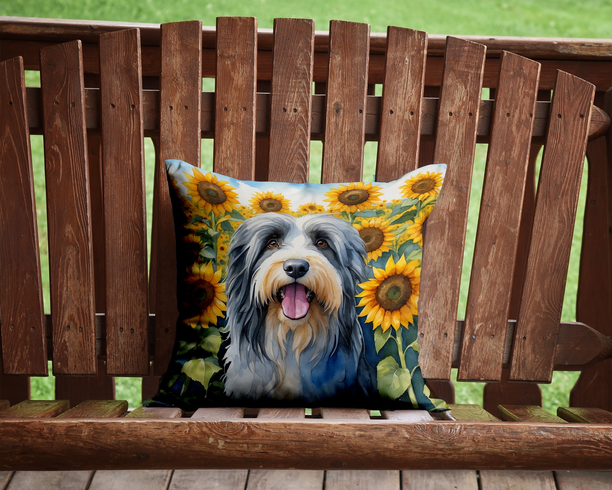 Buy this Bearded Collie in Sunflowers Throw Pillow