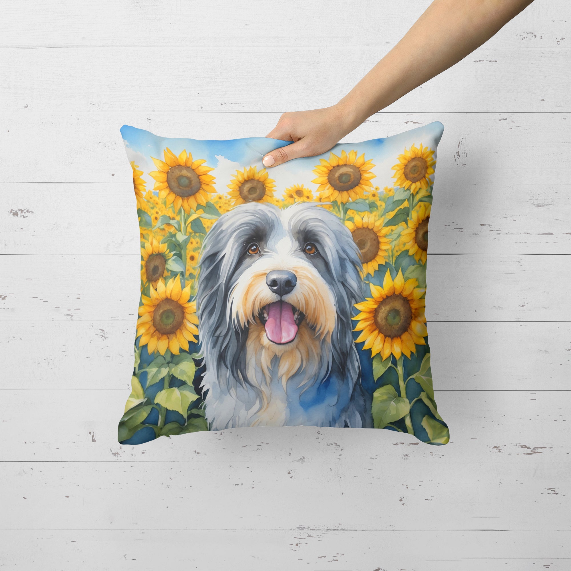 Buy this Bearded Collie in Sunflowers Throw Pillow