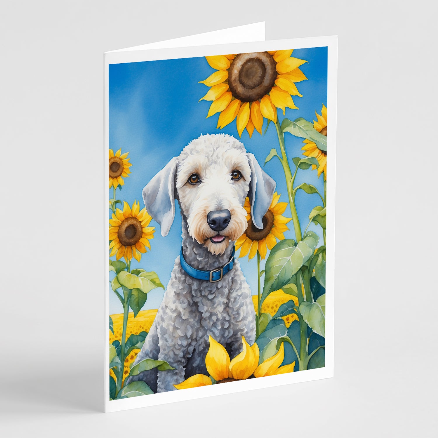 Buy this Bedlington Terrier in Sunflowers Greeting Cards Pack of 8