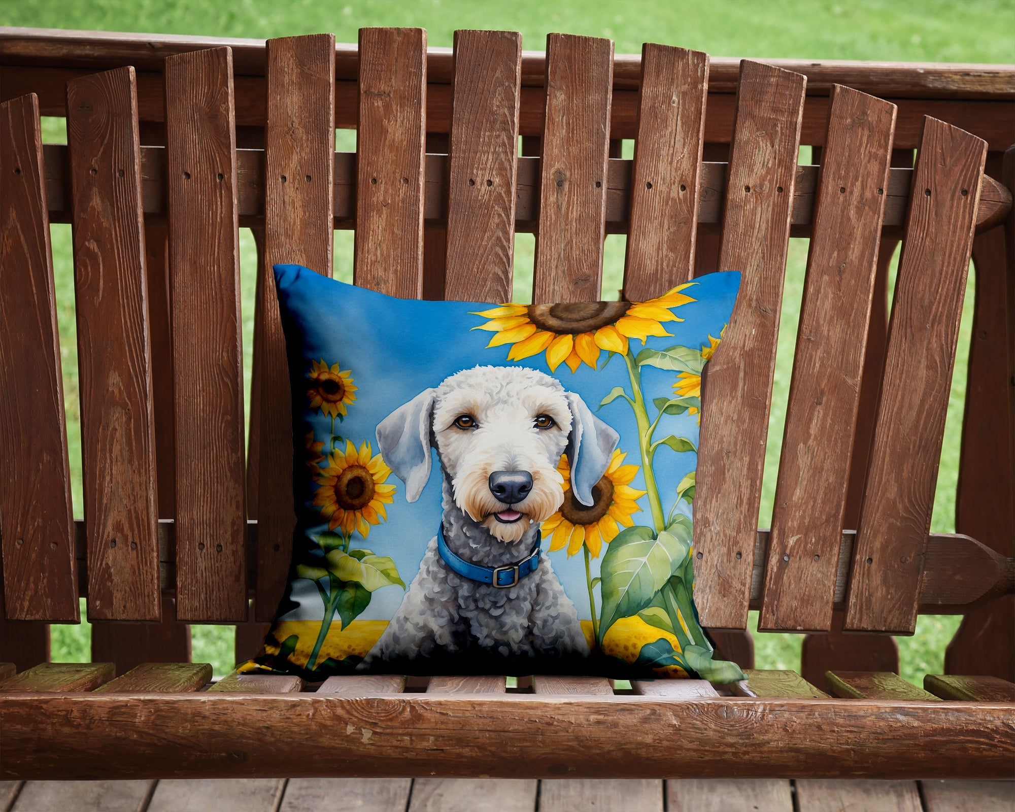 Bedlington Terrier in Sunflowers Throw Pillow