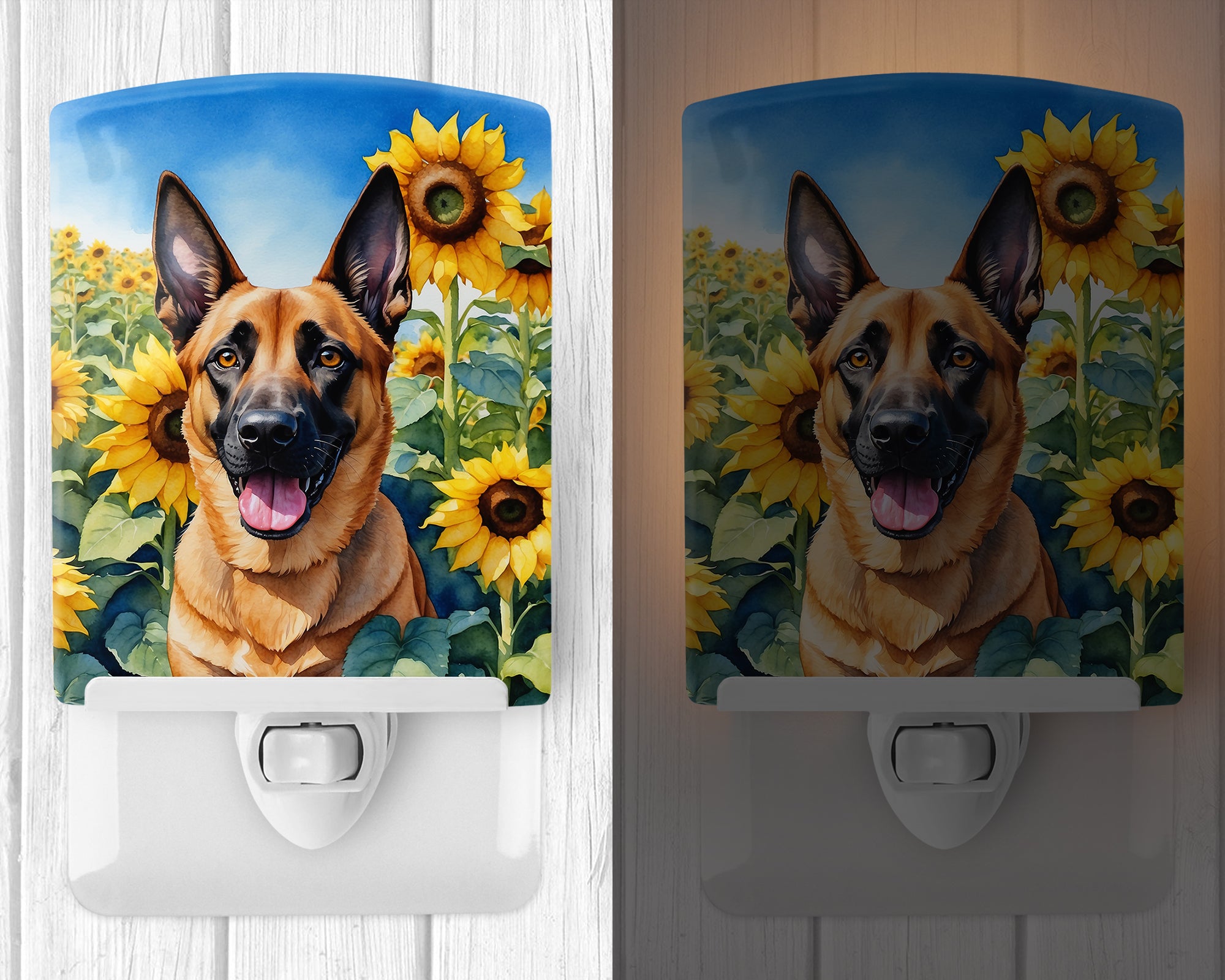 Belgian Malinois in Sunflowers Ceramic Night Light