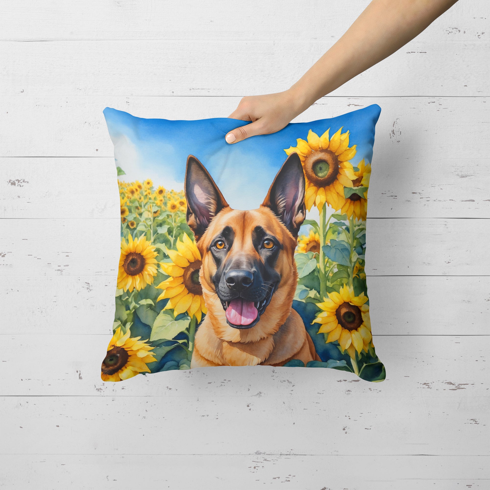 Buy this Belgian Malinois in Sunflowers Throw Pillow