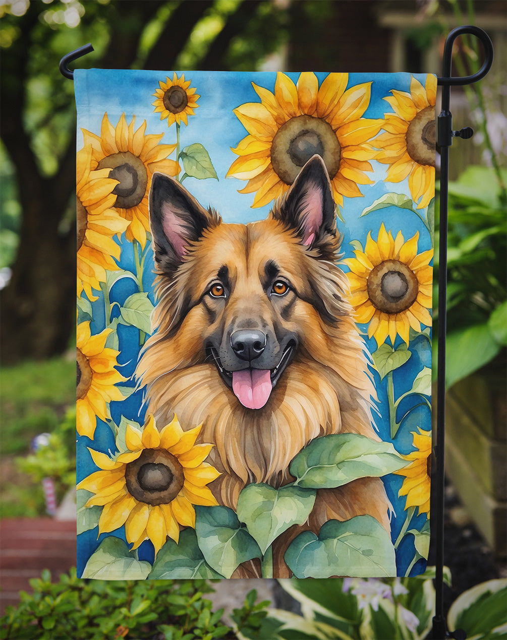 Belgian Tervuren in Sunflowers Garden Flag