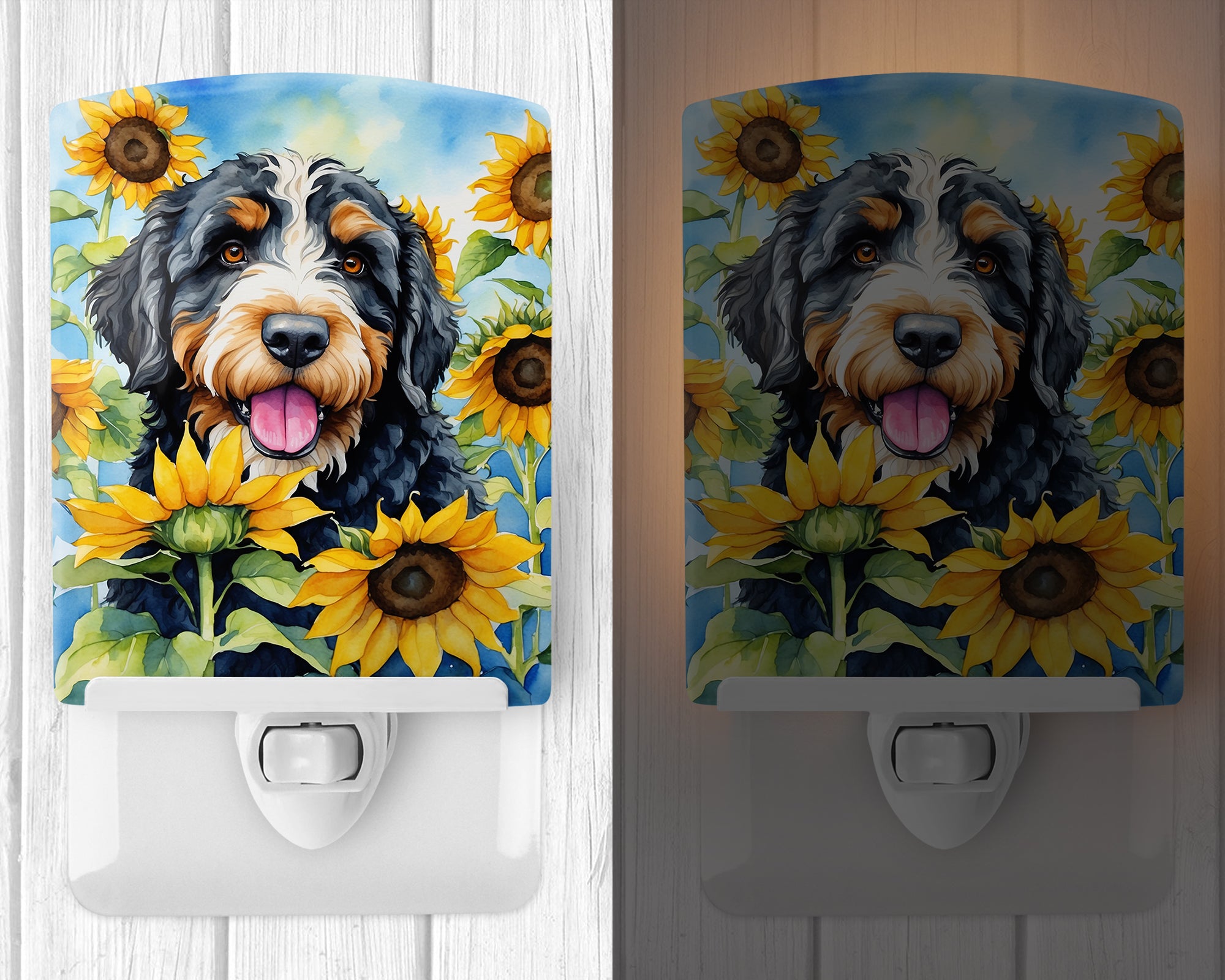 Bernedoodle in Sunflowers Ceramic Night Light