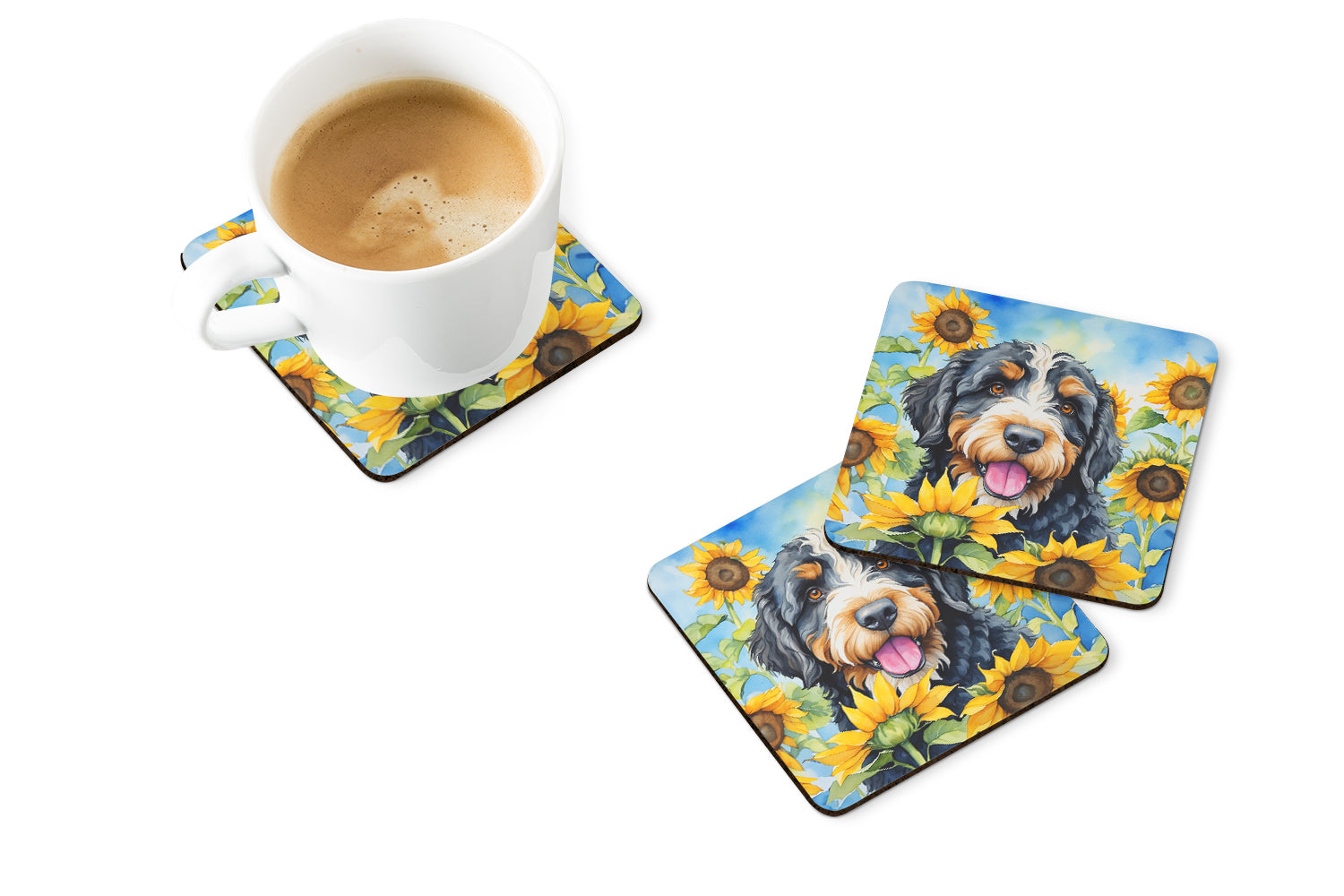 Bernedoodle in Sunflowers Foam Coasters