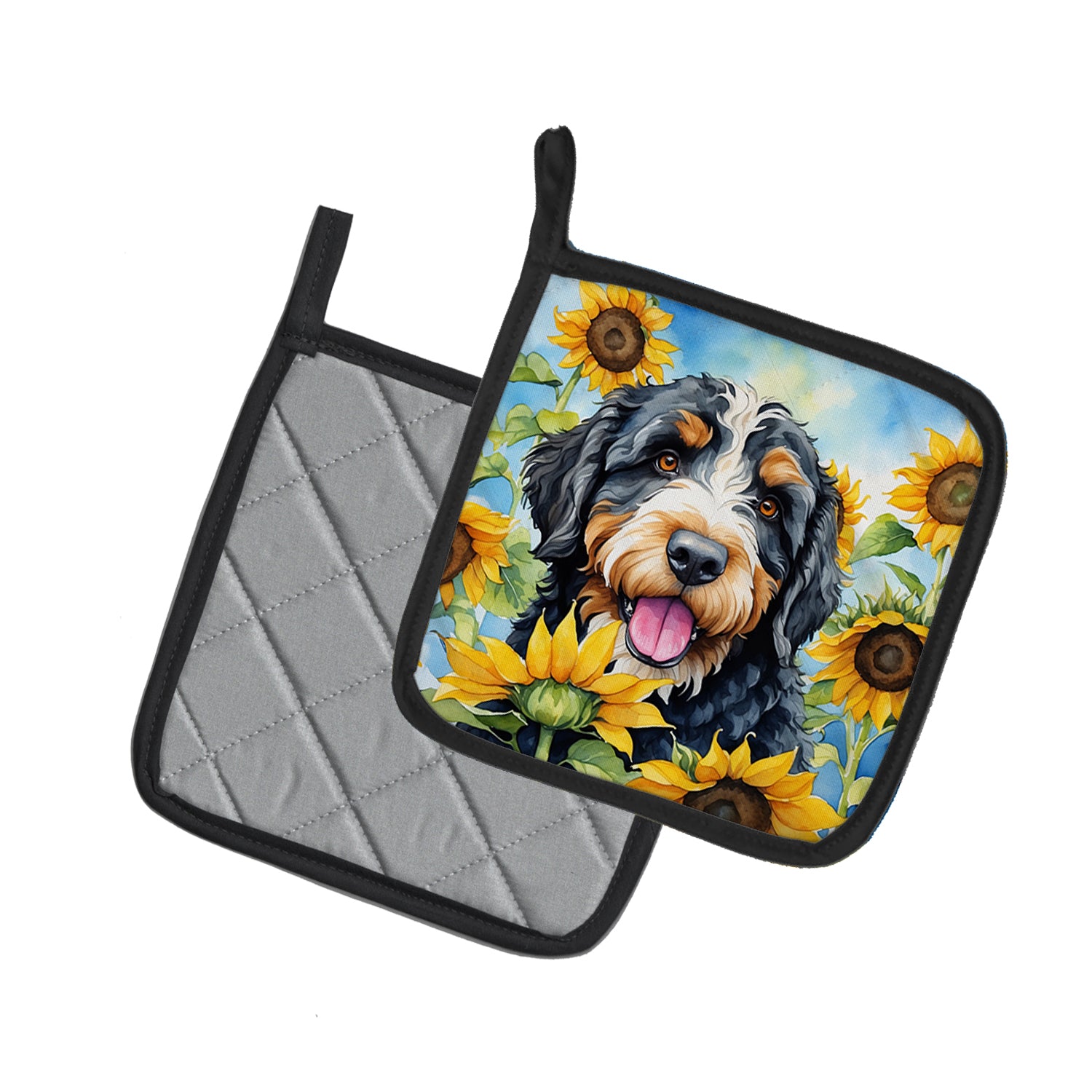 Buy this Bernedoodle in Sunflowers Pair of Pot Holders