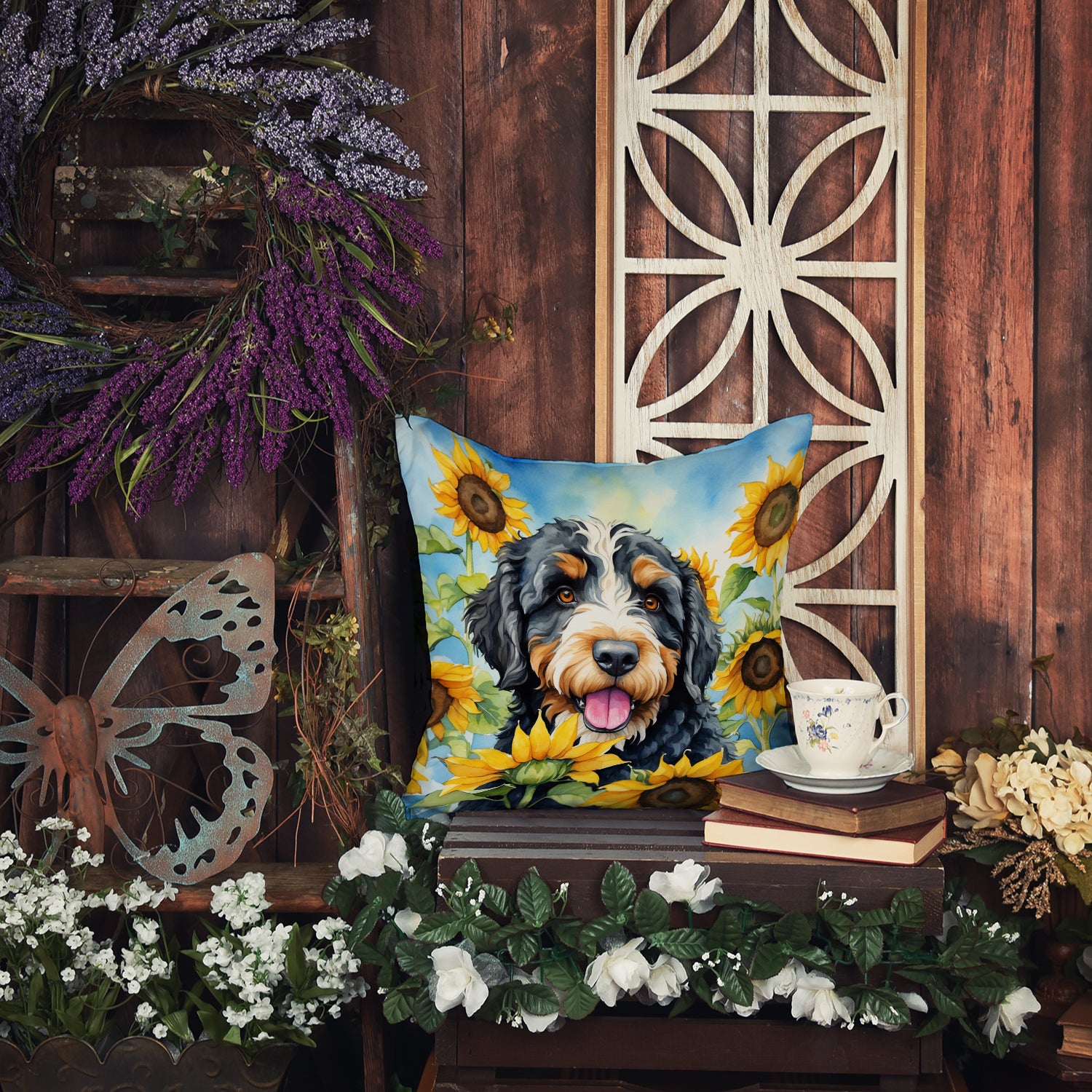 Bernedoodle in Sunflowers Throw Pillow