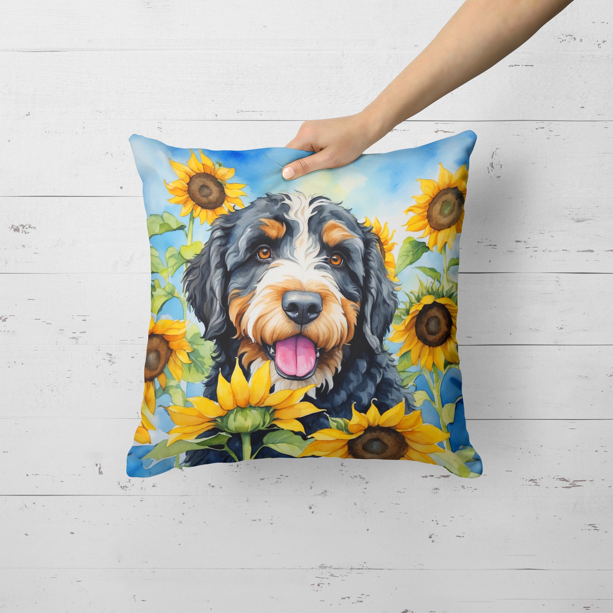 Buy this Bernedoodle in Sunflowers Throw Pillow