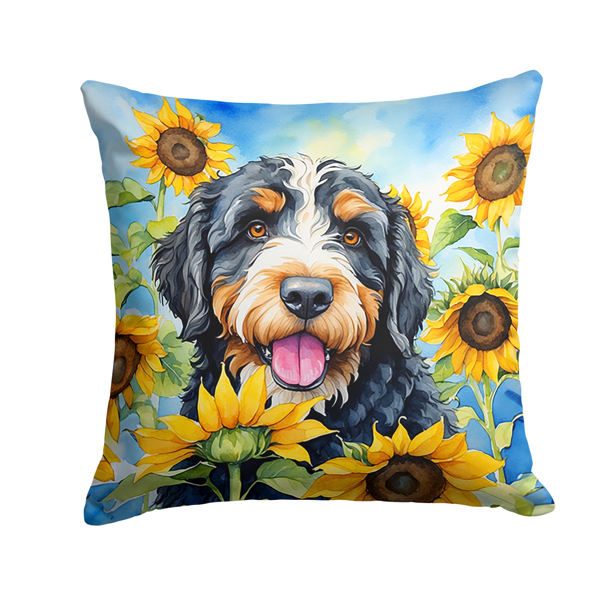 Buy this Bernedoodle in Sunflowers Throw Pillow