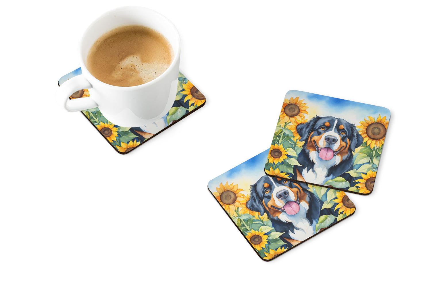 Buy this Bernese Mountain Dog in Sunflowers Foam Coasters