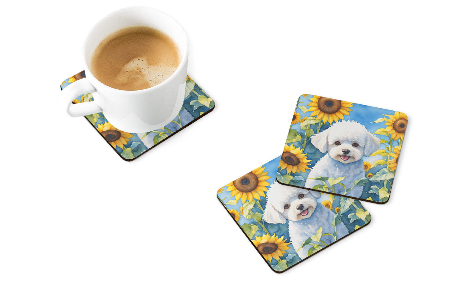 Buy this Bichon Frise in Sunflowers Foam Coasters