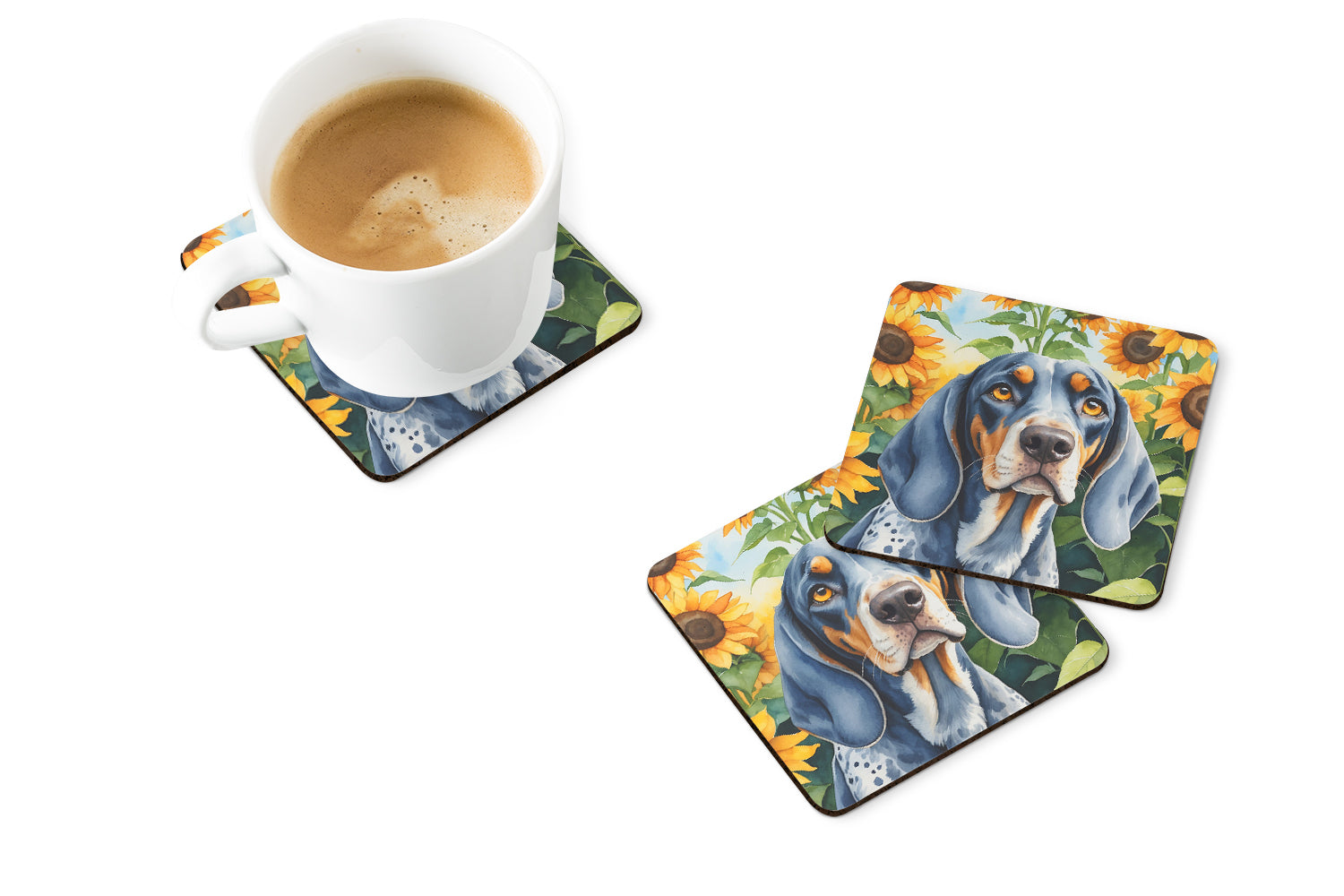 Bluetick Coonhound in Sunflowers Foam Coasters