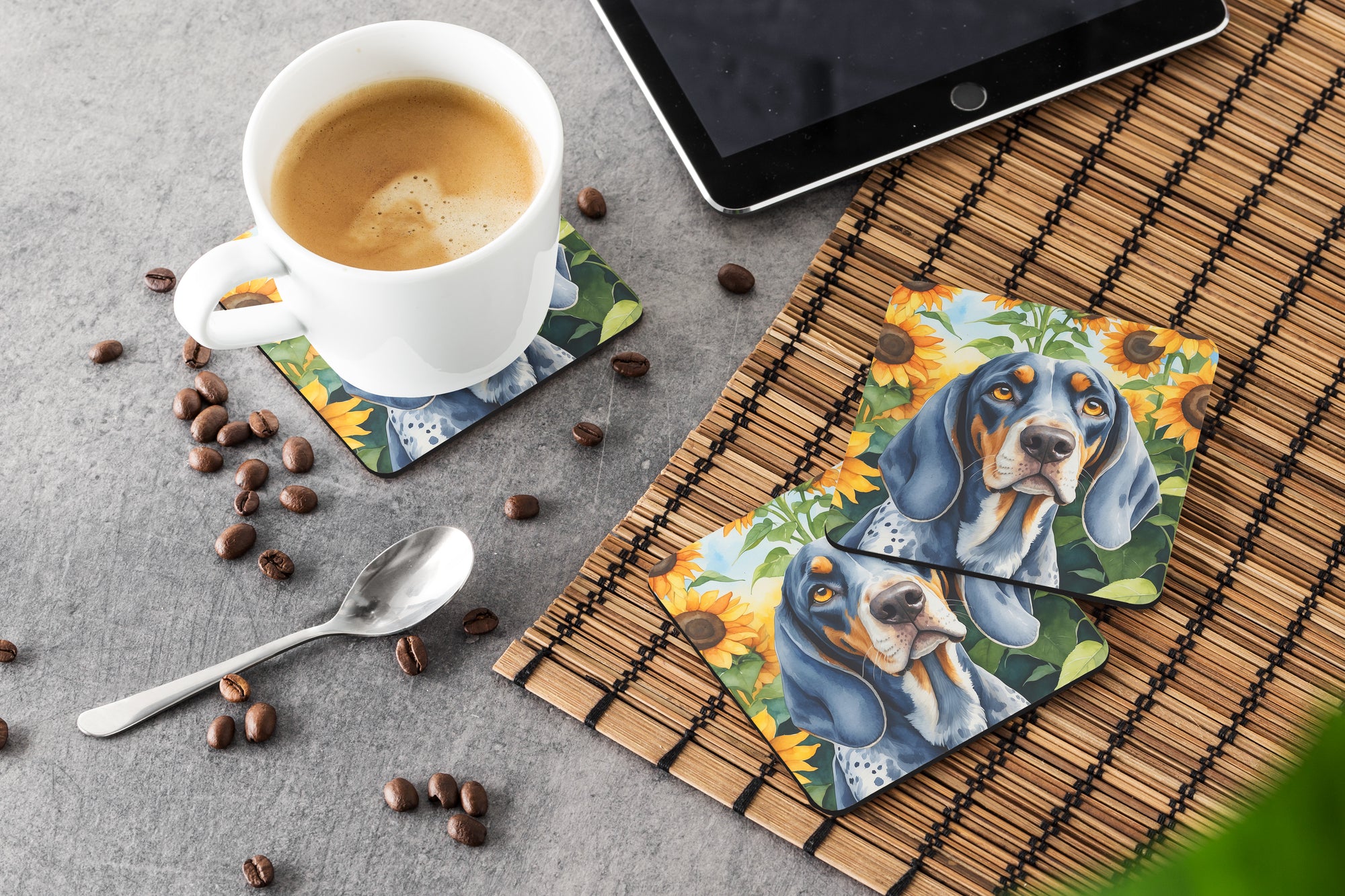 Bluetick Coonhound in Sunflowers Foam Coasters