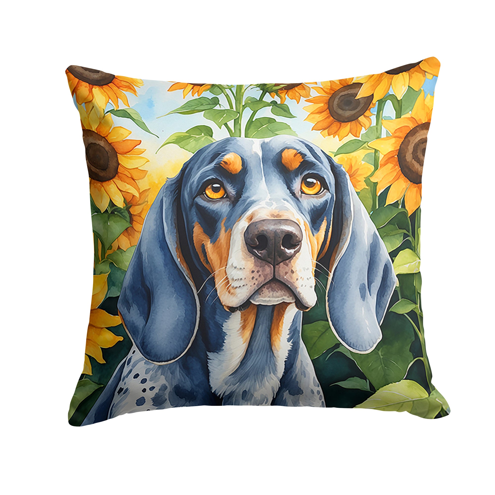 Buy this Bluetick Coonhound in Sunflowers Throw Pillow