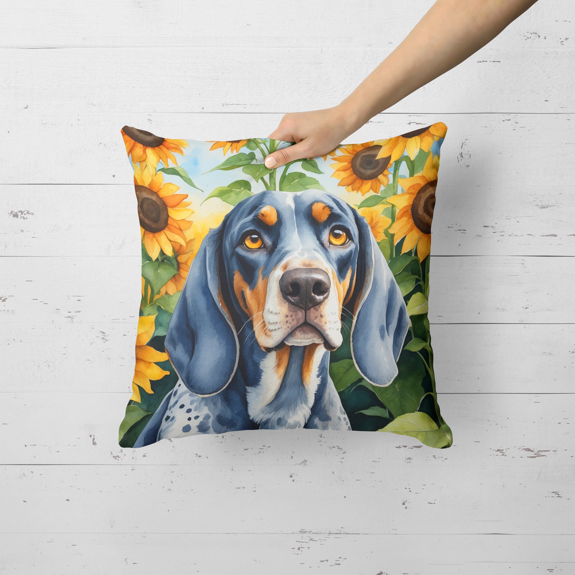 Buy this Bluetick Coonhound in Sunflowers Throw Pillow