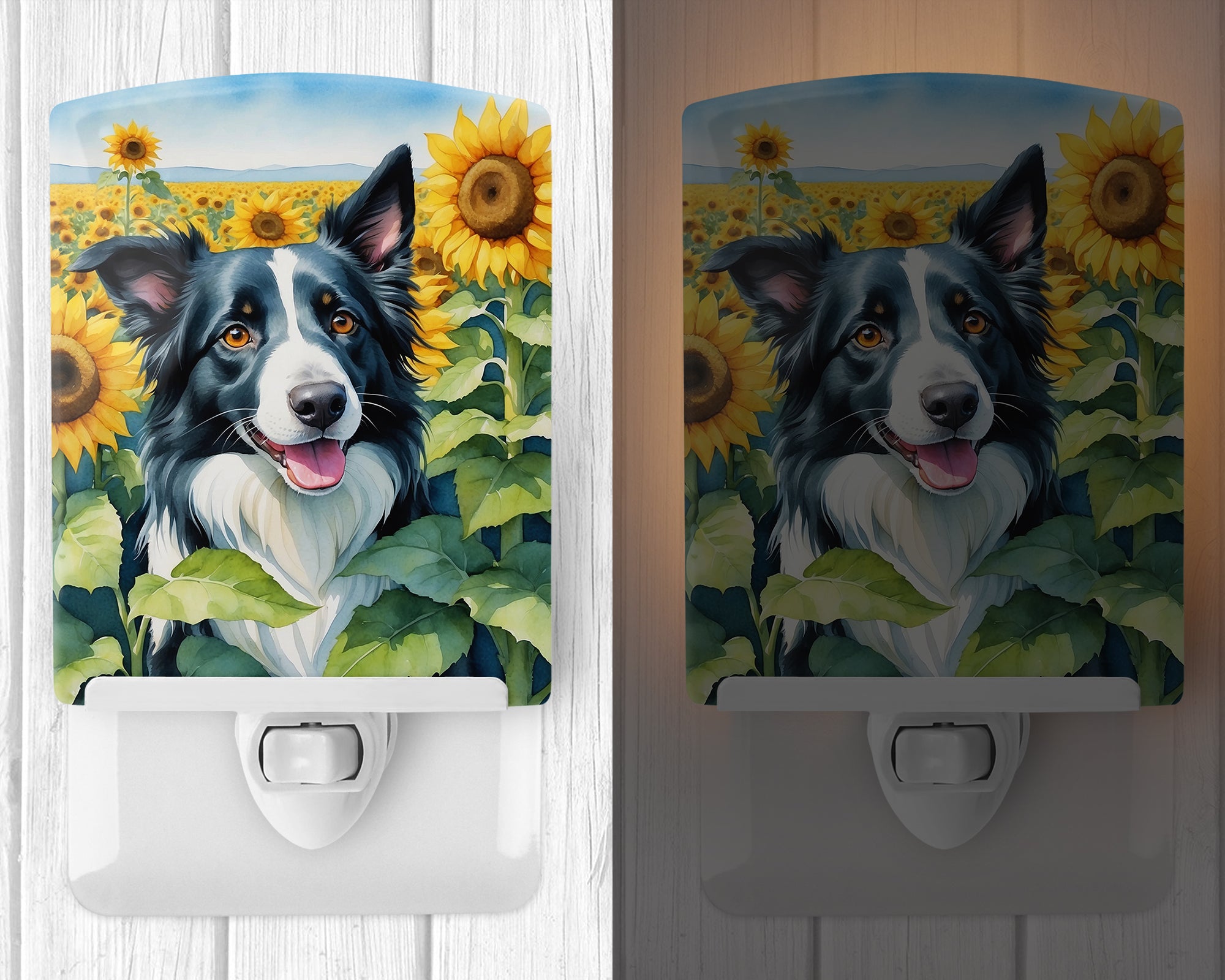 Border Collie in Sunflowers Ceramic Night Light