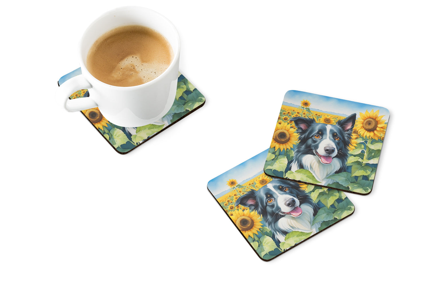 Border Collie in Sunflowers Foam Coasters