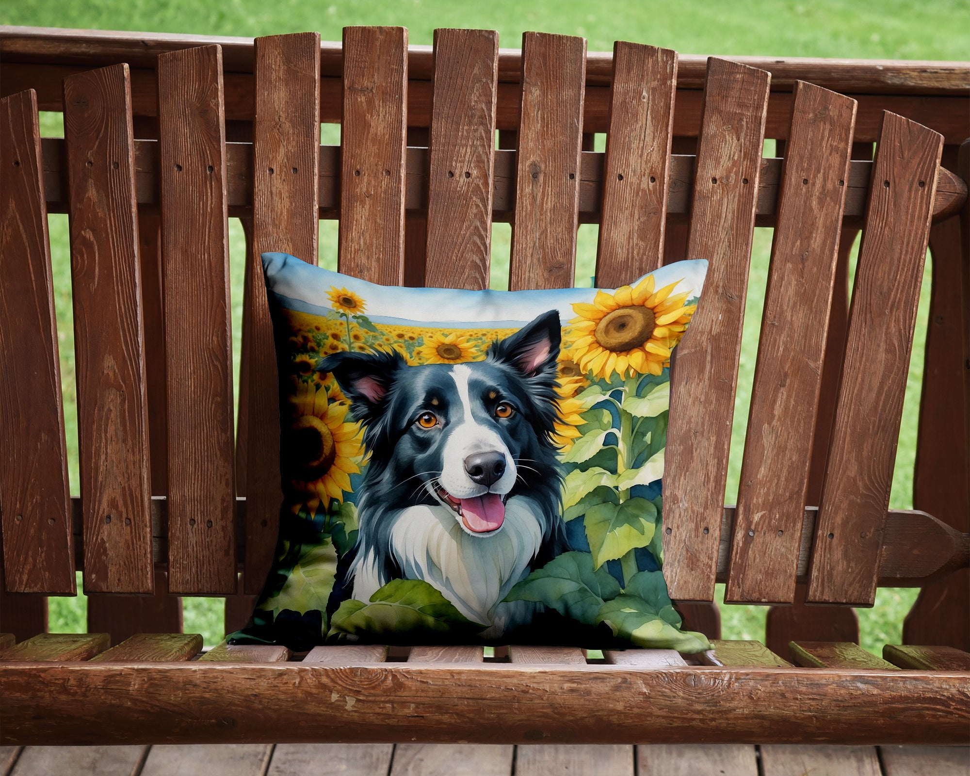 Buy this Border Collie in Sunflowers Throw Pillow