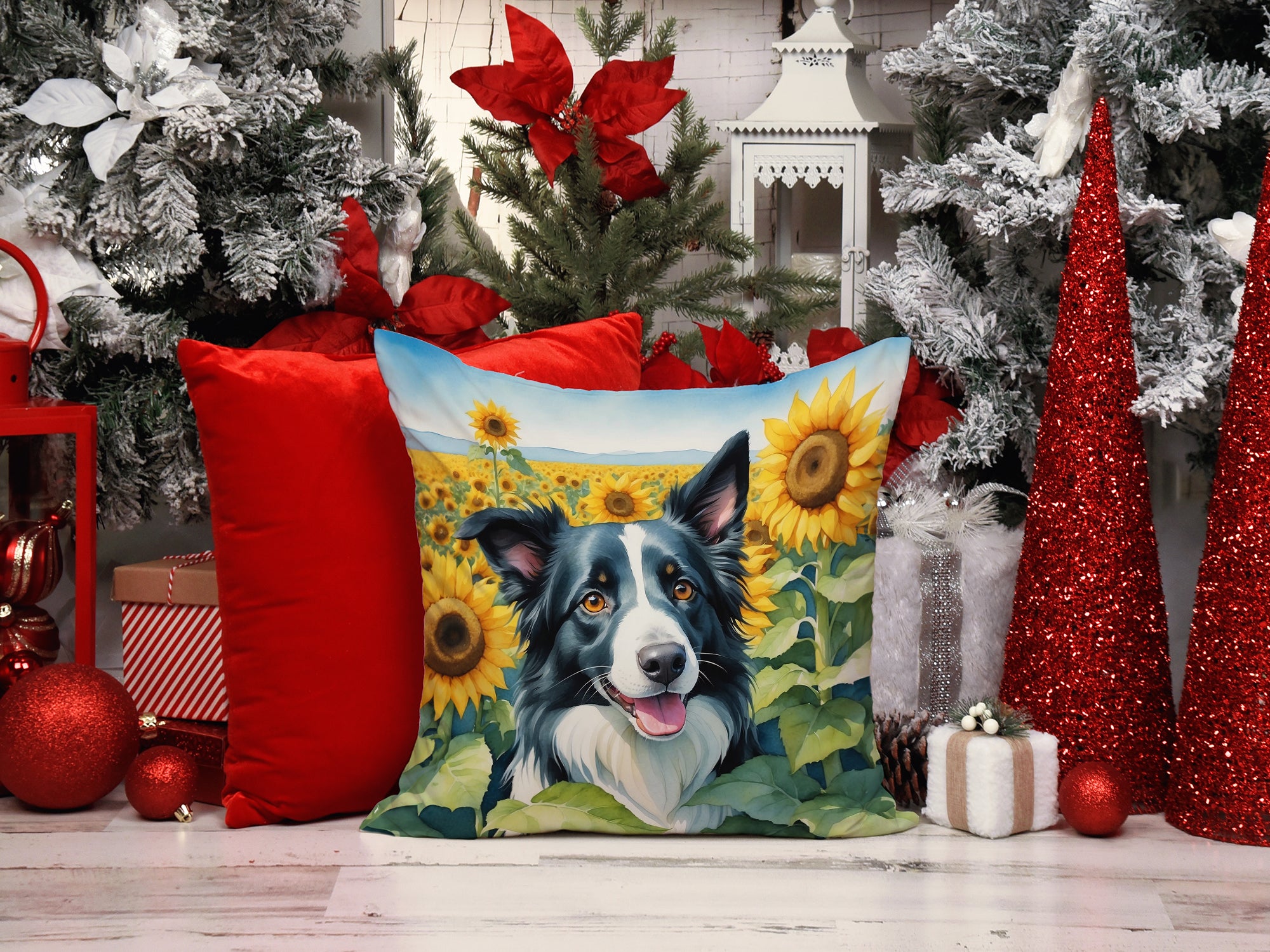 Border Collie in Sunflowers Throw Pillow