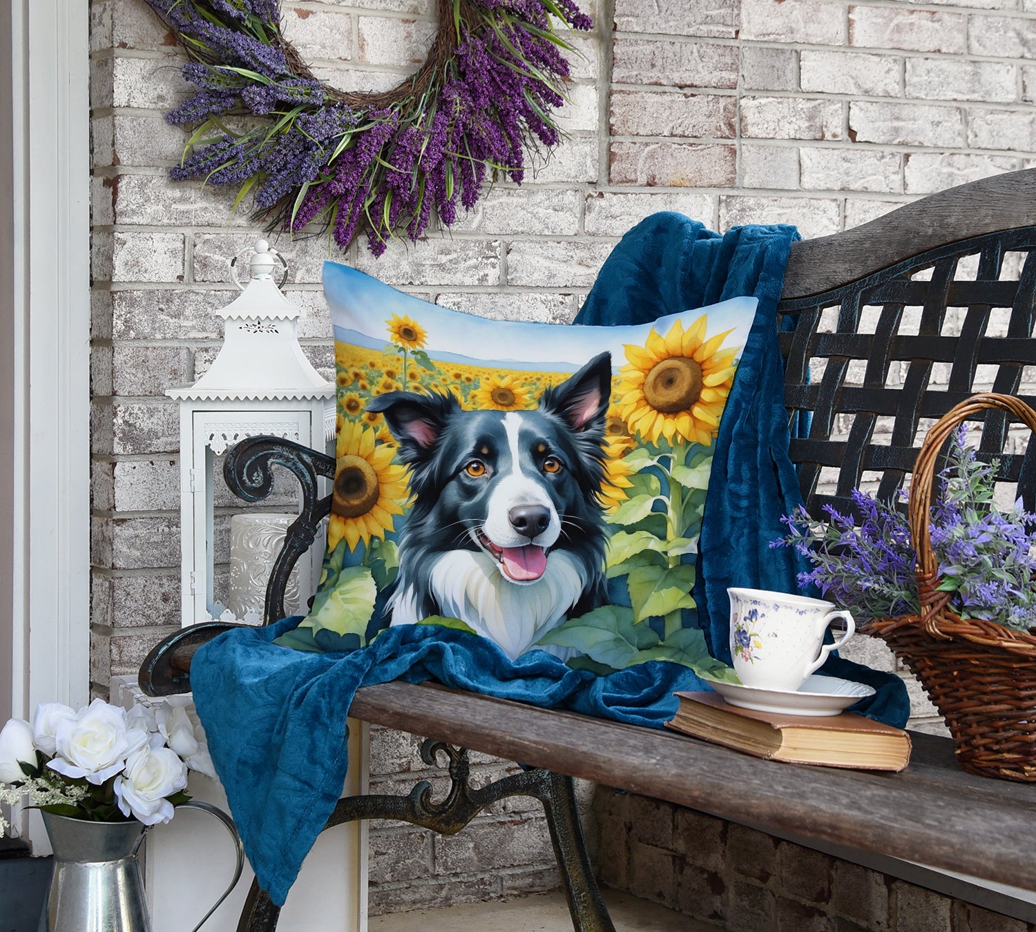 Border Collie in Sunflowers Throw Pillow