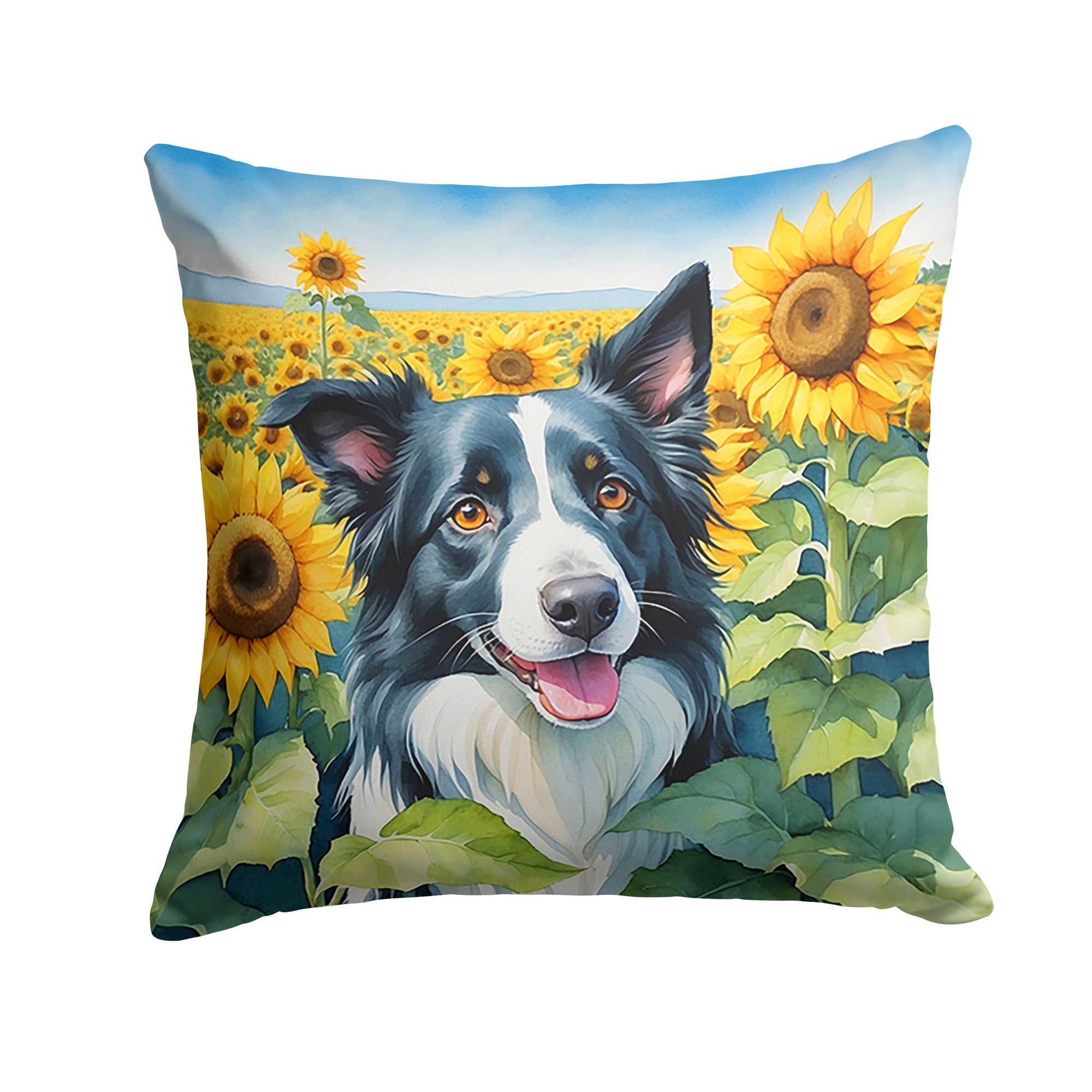 Buy this Border Collie in Sunflowers Throw Pillow