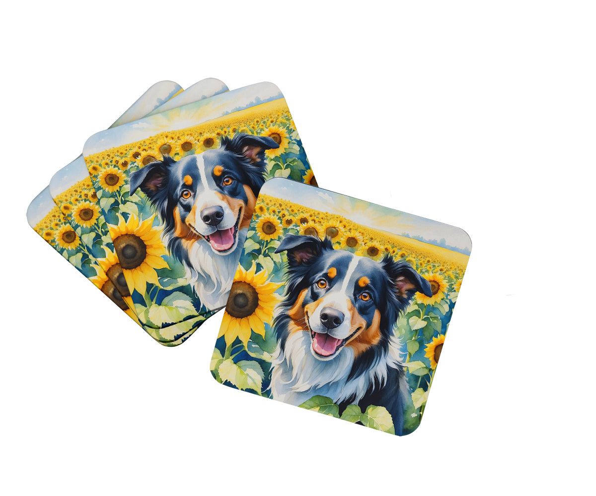 Buy this Border Collie in Sunflowers Foam Coasters