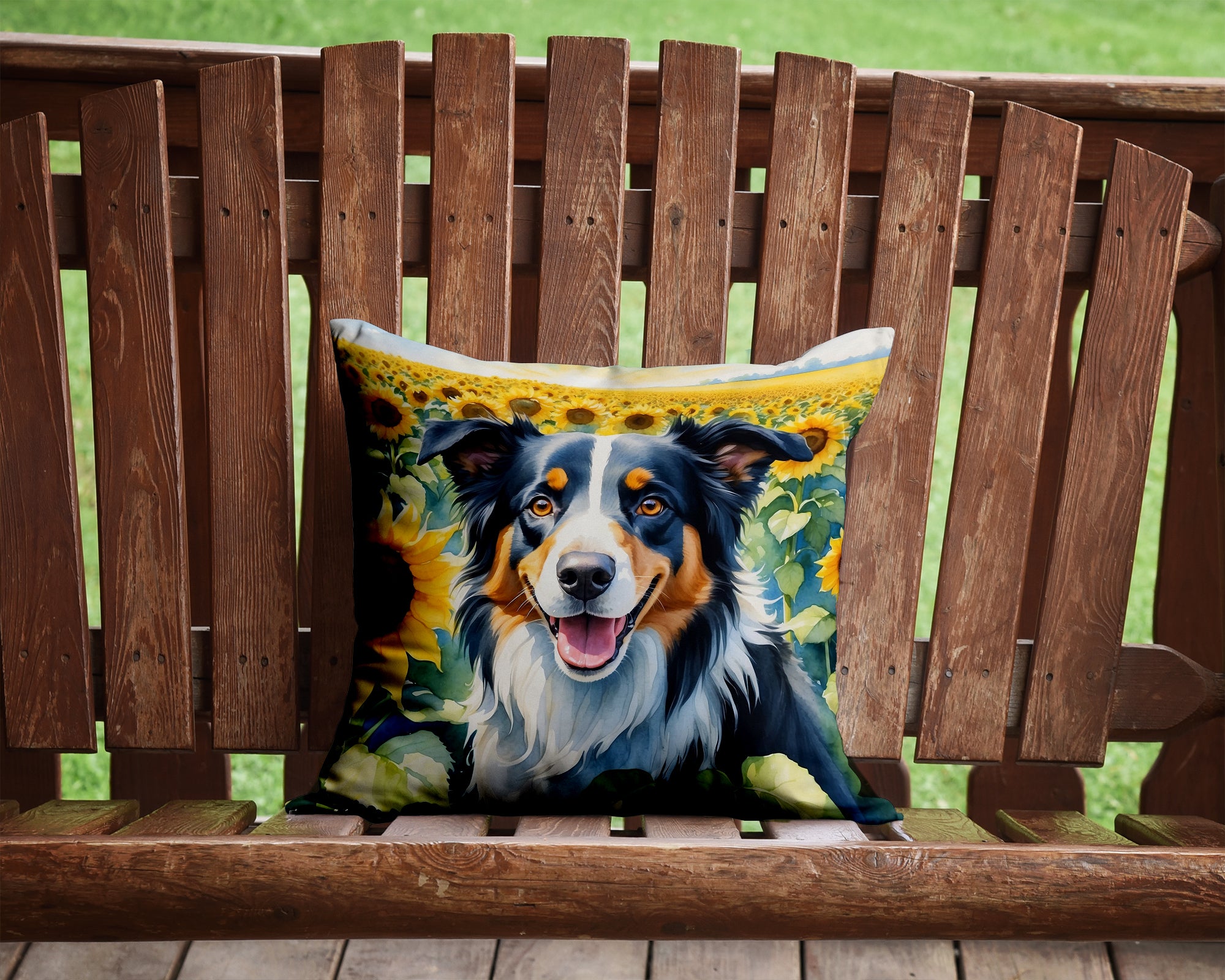 Buy this Border Collie in Sunflowers Throw Pillow