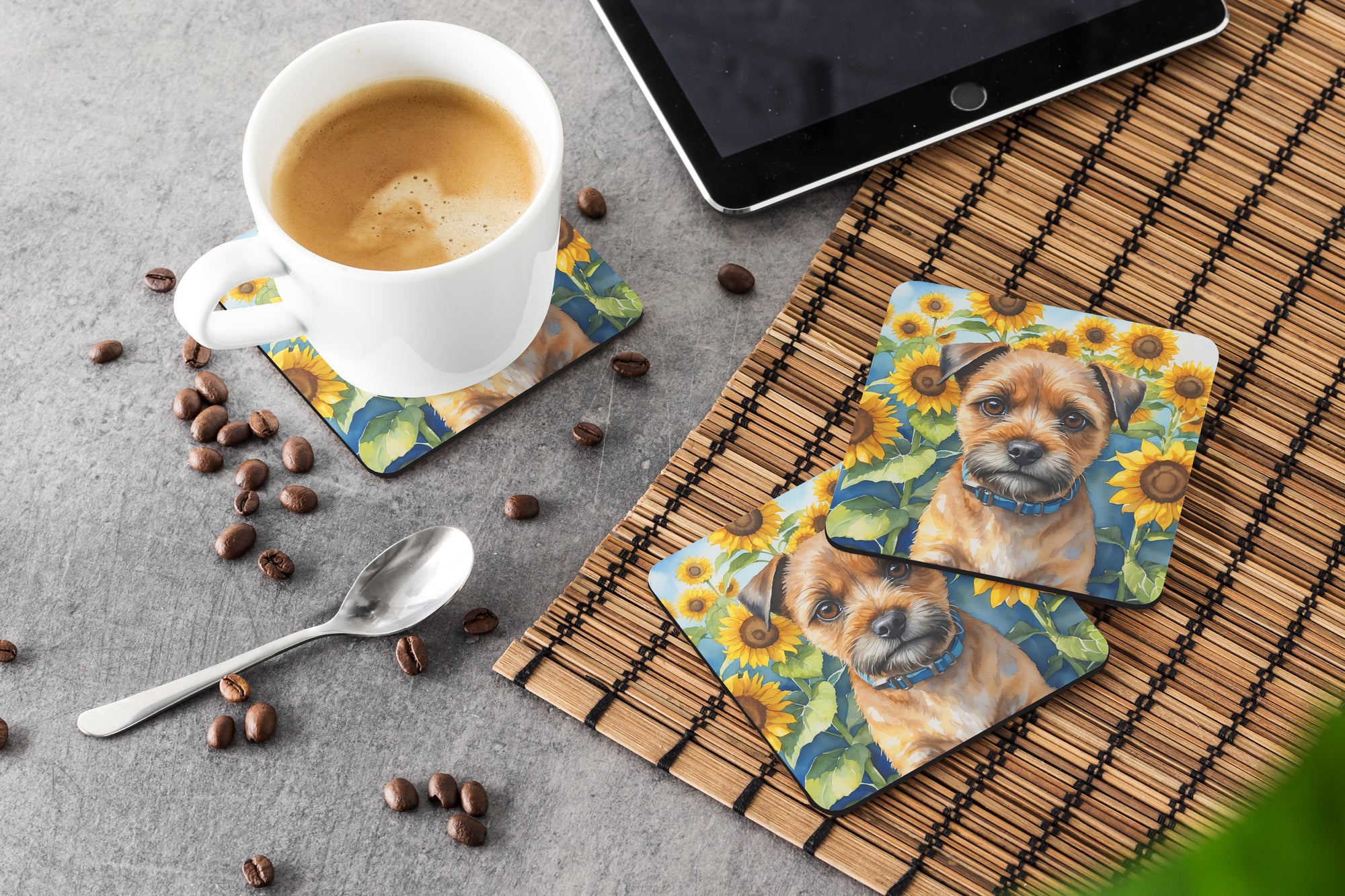 Border Terrier in Sunflowers Foam Coasters