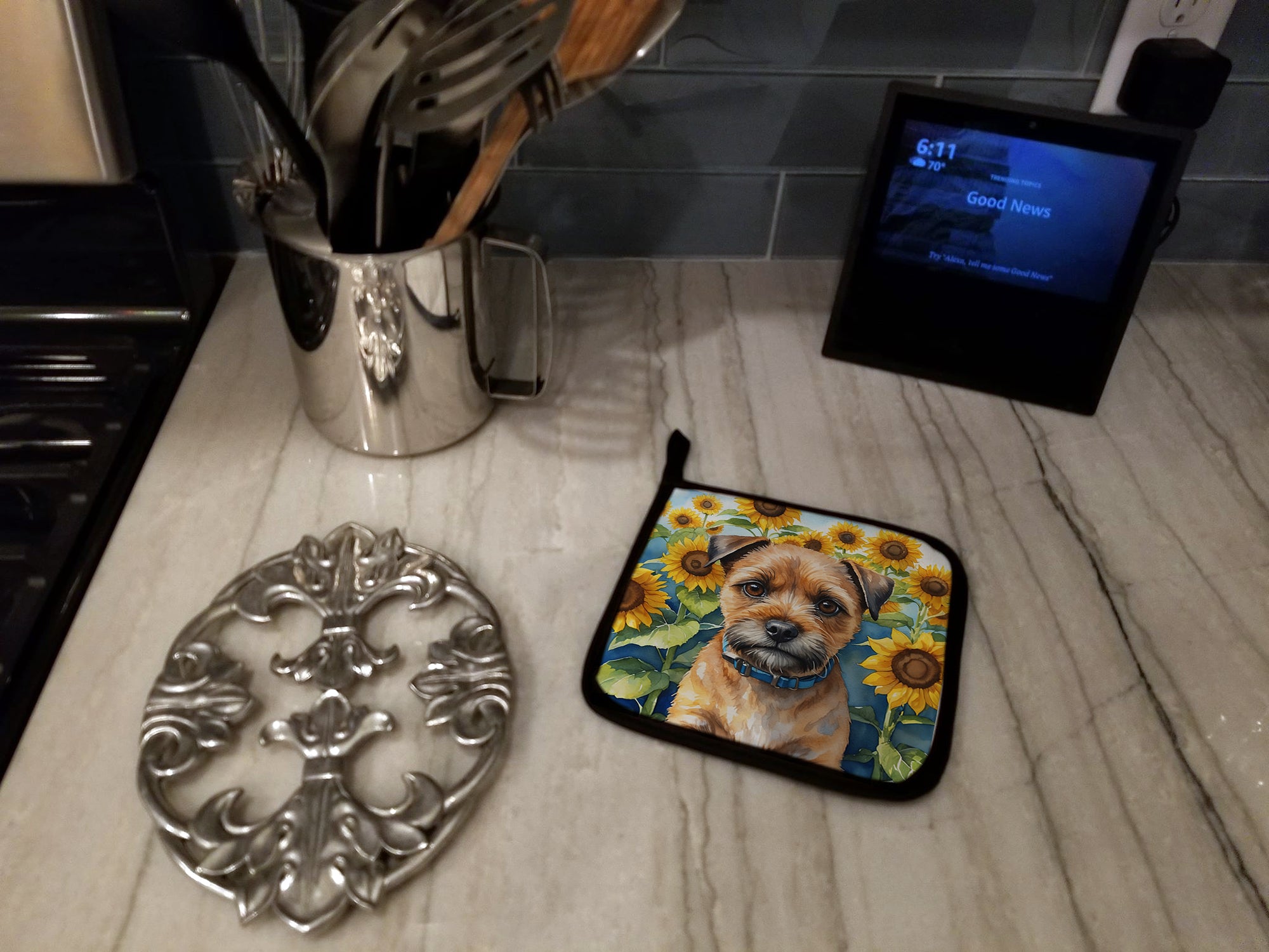 Border Terrier in Sunflowers Pair of Pot Holders