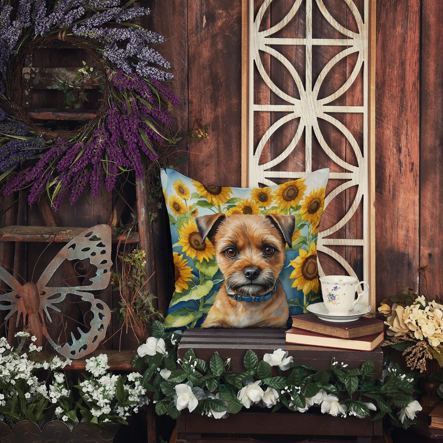 Border Terrier in Sunflowers Throw Pillow